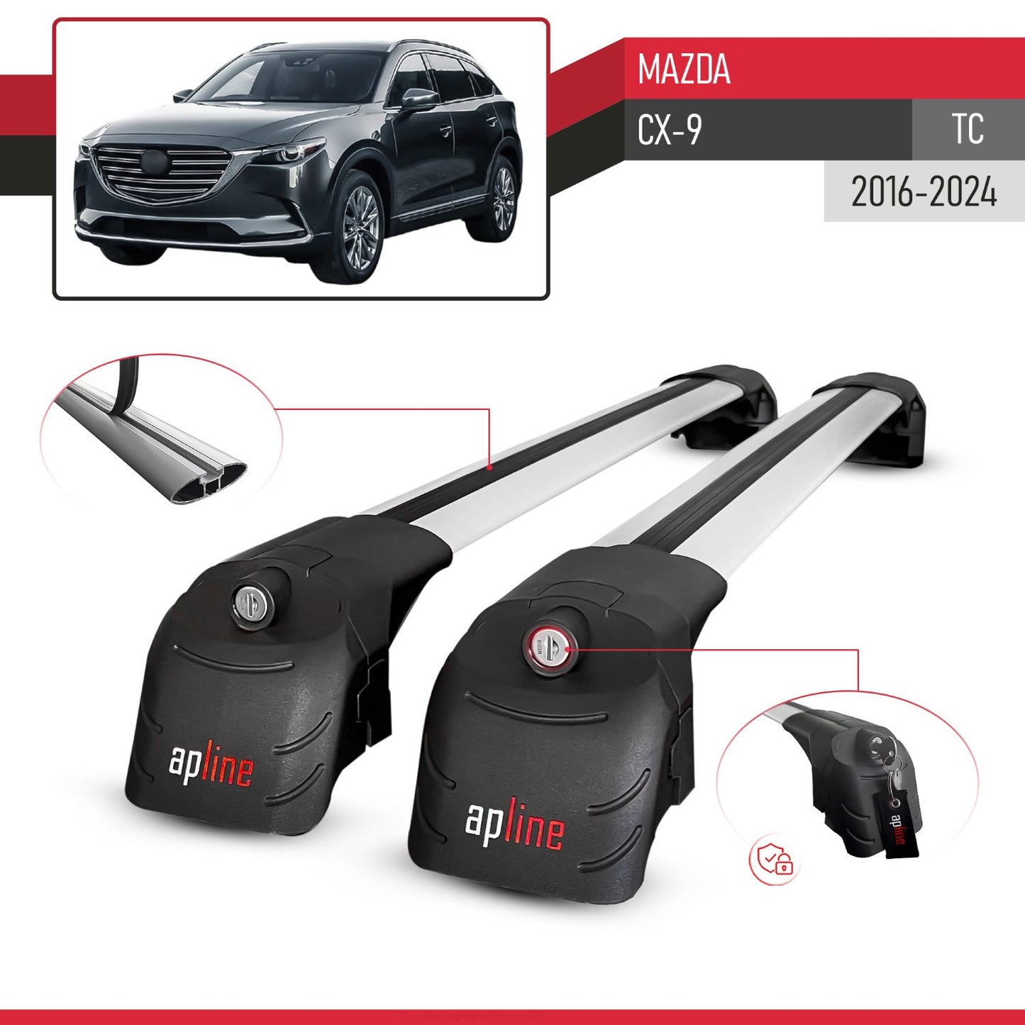 Compatibile con Mazda CX-9 2016-2023 ACE-2 Barre Tetto Portapacchi Auto Barre Portatutto Grigo Alluminio 2 Barre