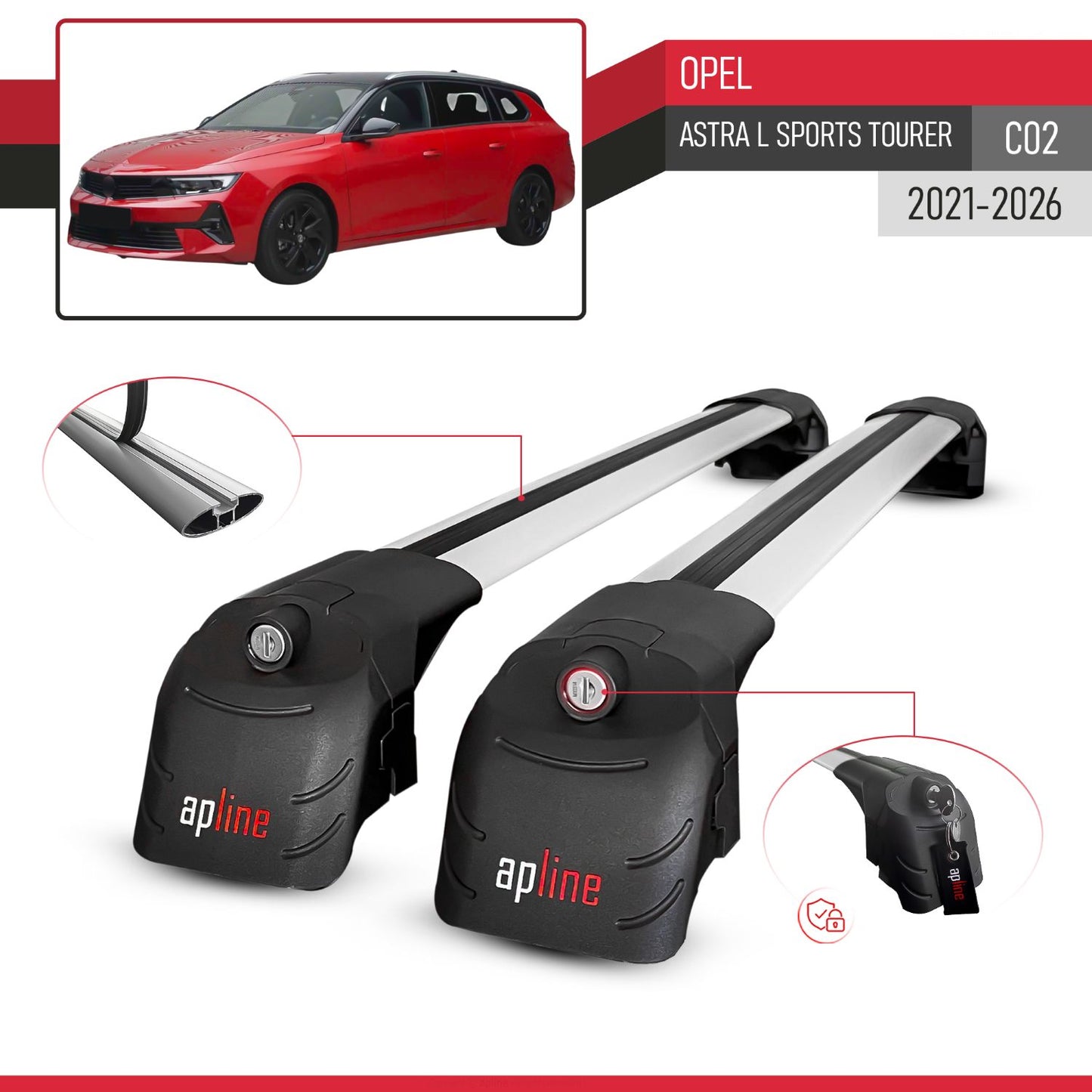 Compatible with Opel Astra L Sports Tourer 2021-2024 ACE-2 Car Roof Rack Cross Bar Grey Aluminium 2 Bars