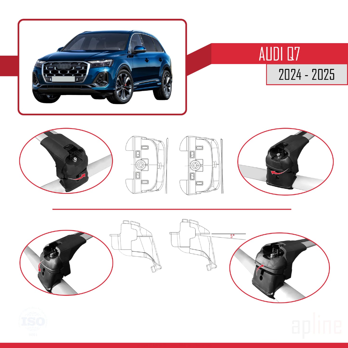 Kompatibel mit Audi Q7 2024-2025 ACE-2 Dachgepäckträger, Reling, Gepäckträger, graues Aluminium, 2 Stangen