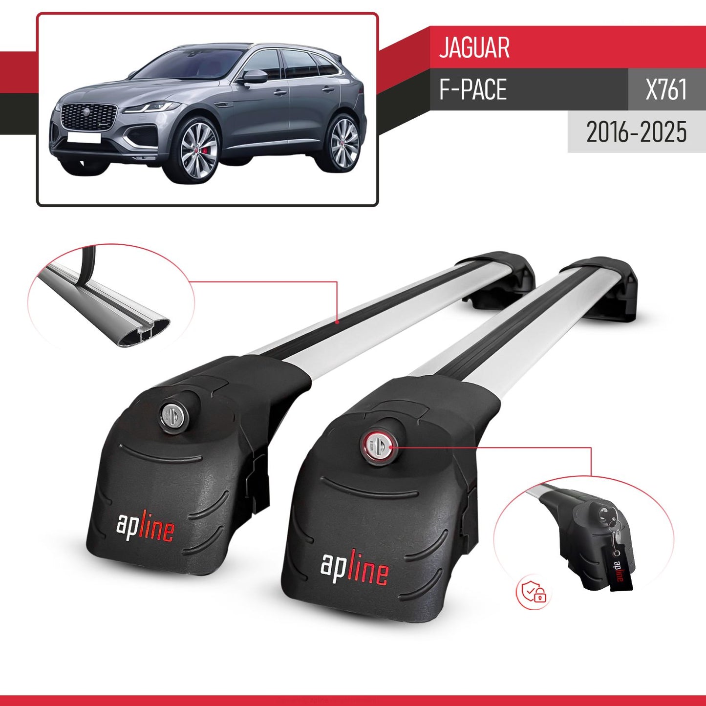 Compatible with Jaguar F-Pace (X761) 2016-2025 ACE-2 Car Roof Rack Cross Bar Grey Aluminium 2 Bars