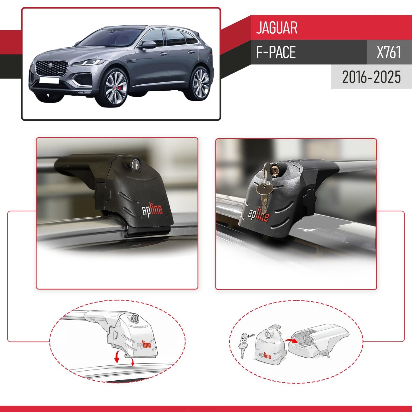 Compatible with Jaguar F-Pace (X761) 2016-2025 ACE-2 Car Roof Rack Cross Bar Grey Aluminium 2 Bars