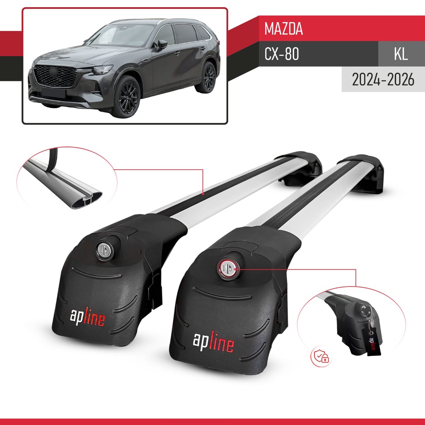Compatibile con Mazda CX-80 2024-2025 ACE-2 Barre Tetto Portapacchi Auto Barre Portatutto Grigo Alluminio 2 Barre