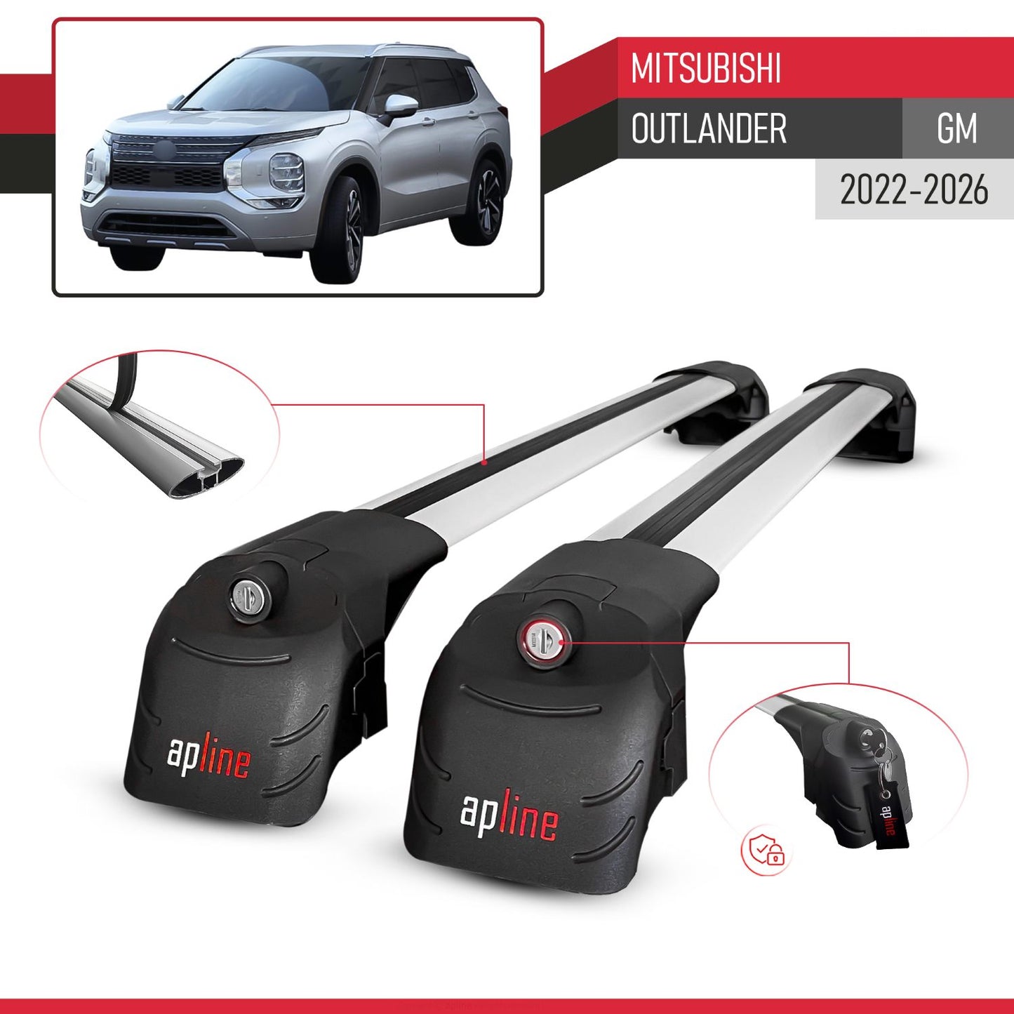 Compatible with Mitsubishi Outlander 2022-2025 ACE-2 Car Roof Rack Cross Bar Grey Aluminium 2 Bars