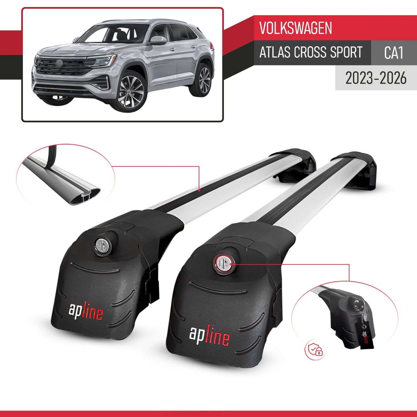 Compatible with Volkswagen Atlas Cross Sport 2023-2025 ACE-2 Car Roof Rack Cross Bar Grey Aluminium 2 Bars