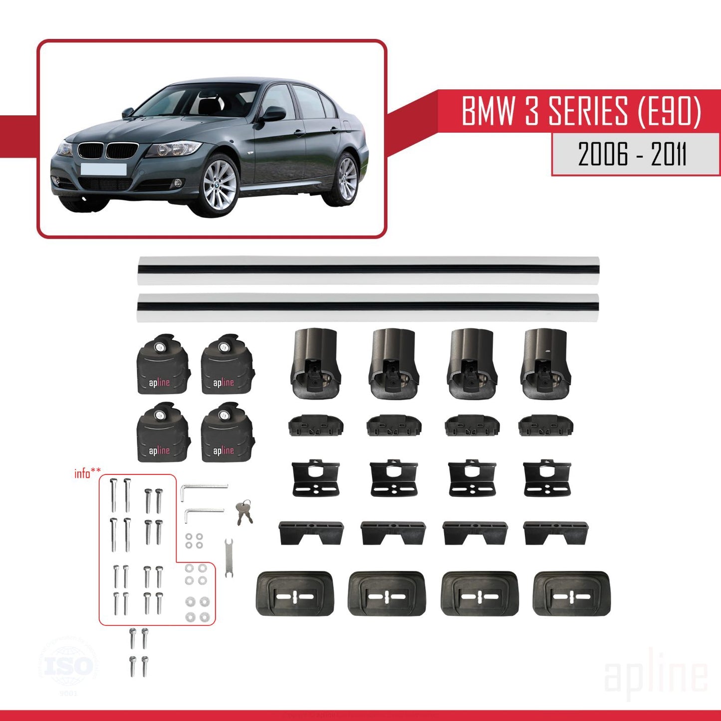 Compatibile con BMW Serie 3 (E90) 2006-2011 Barre portatutto ACE-3 Portapacchi per auto in alluminio grigio 2 barre