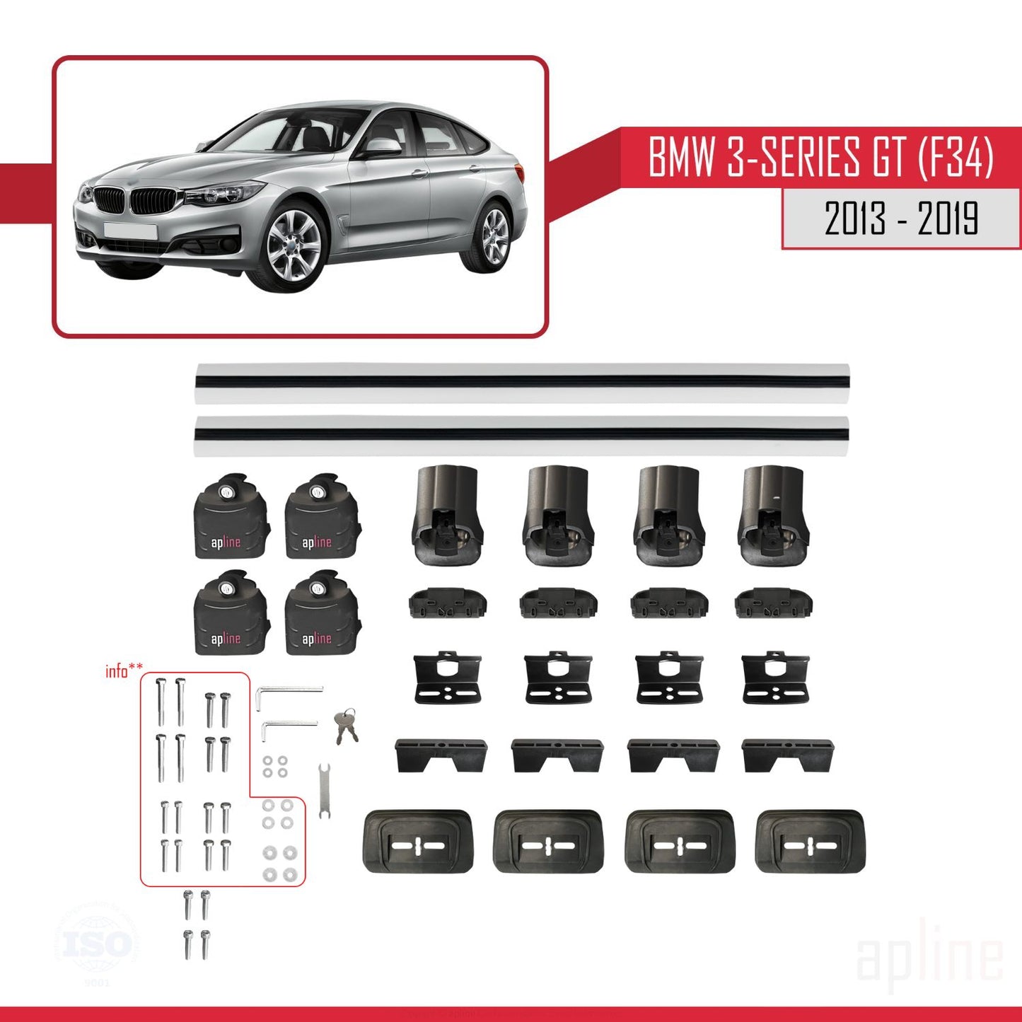 Compatibile con BMW Serie 3 Gran Turismo (F34) 2013-2019 ACE-3 Barre portatutto per auto Portapacchi Alluminio Grigio 2 Barre