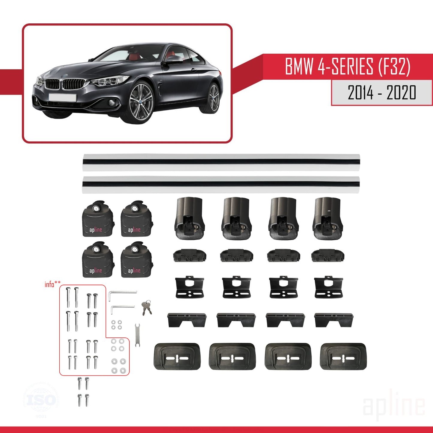 Compatibile con BMW Serie 4 (F32) 2014-2020 ACE-3 Barre portatutto per auto Portapacchi Alluminio grigio 2 barre
