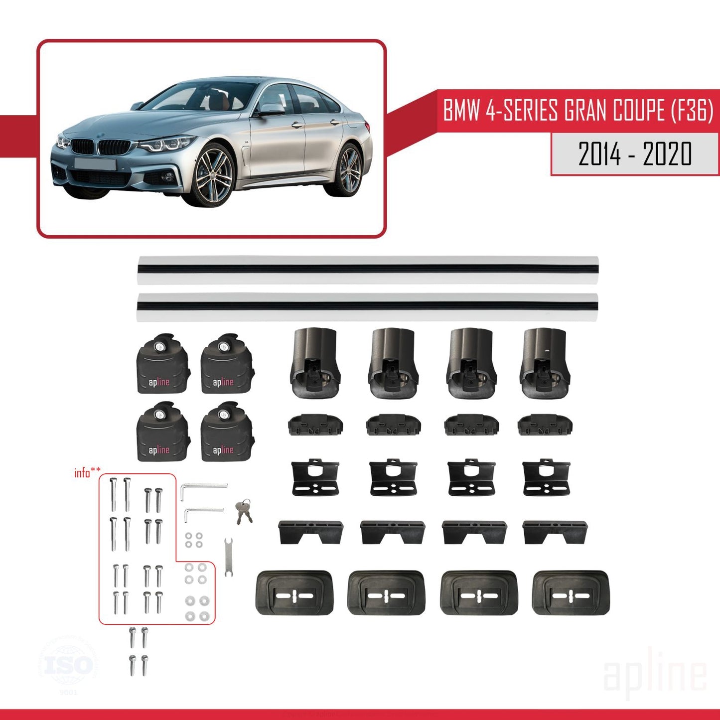 Kompatibel mit BMW 4er Gran Coupé (F36) 2014-2020 ACE-3 Dachgepäckträger, graues Aluminium, 2 Querträger