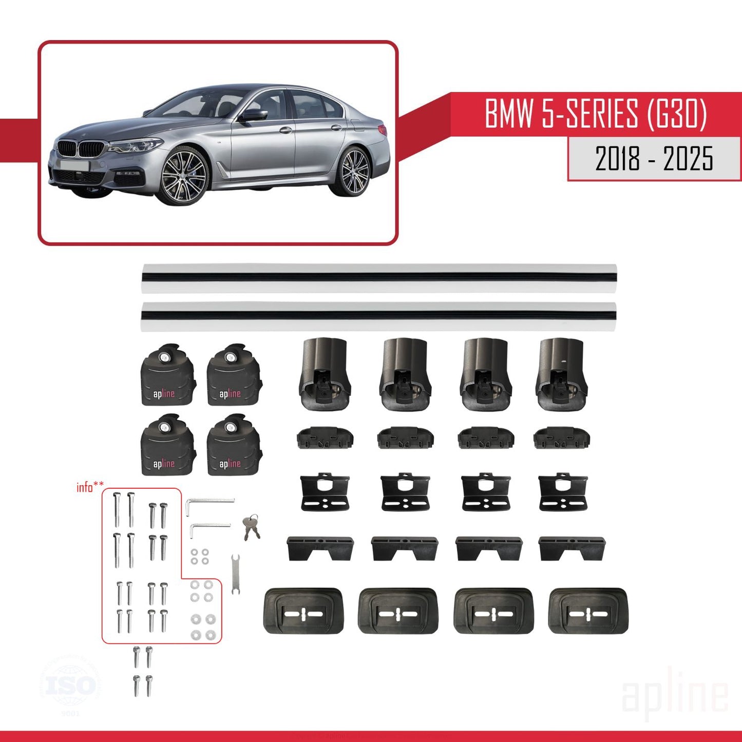 Kompatibel mit BMW 5er (G30) 2018-2025 ACE-3 Dachträger Auto-Reling Gepäckträger Grau Aluminium 2 Stangen