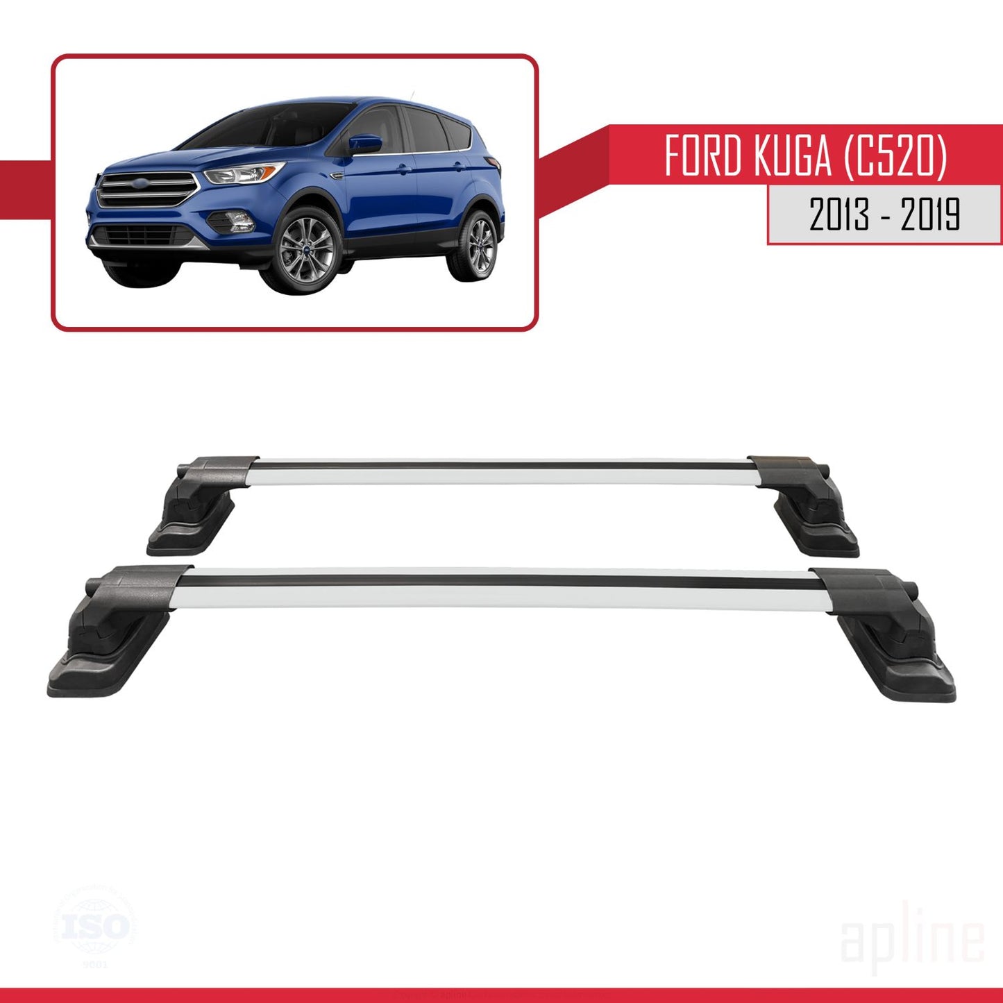 Compatibile con Ford Kuga (C520) 2013-2019 ACE-3 Barre portatutto per auto Portapacchi in alluminio grigio 2 barre