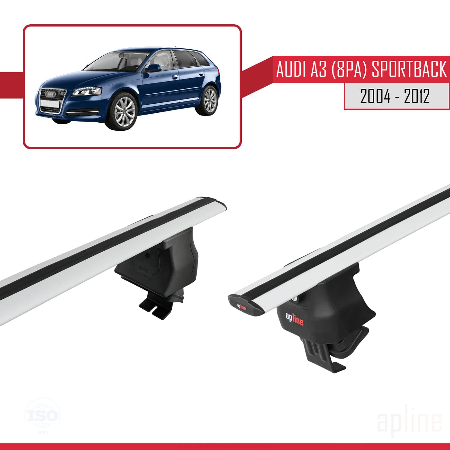 Kompatibel mit A3 (8PA) Sportback 2004-2012 ACE-4 Dachgepäckträger, graues Aluminium, 2 Stangen
