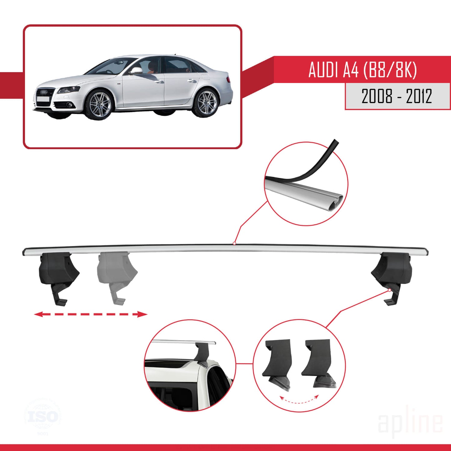Kompatibel mit A4 (B8) Vor-Facelift 2008-2012 ACE-4 Dachgepäckträger, graues Aluminium, 2 Stangen