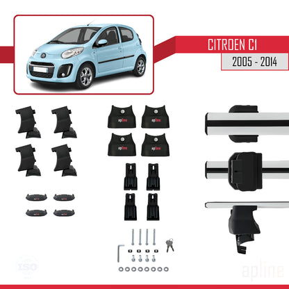 Kompatibel mit Citroen C1 2005-2014 ACE-4 Dachgepäckträger, Reling, Gepäckträger, graues Aluminium, 2 Stangen