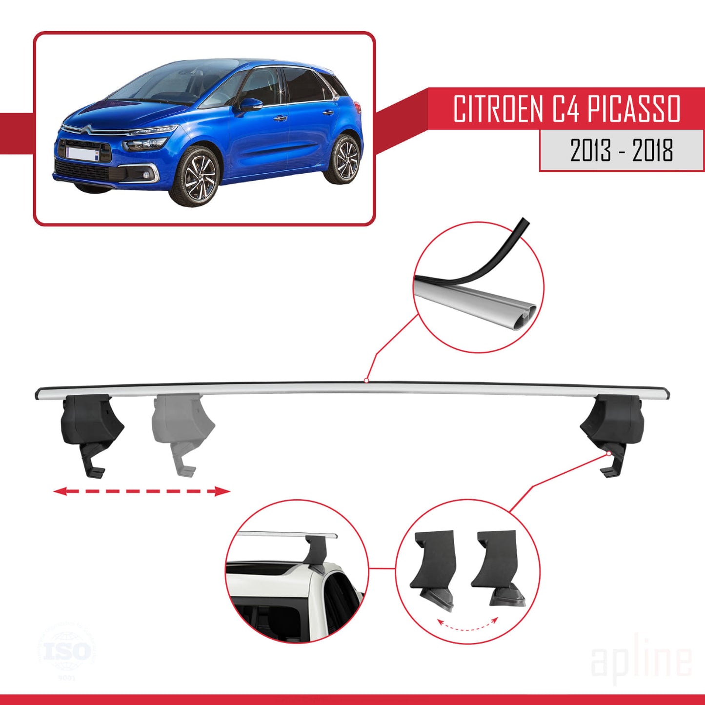 Kompatibel mit Citroen C4 Picasso 2 2013-2018 ACE-4 Dachgepäckträger, Reling, Gepäckträger, graues Aluminium, 2 Stangen