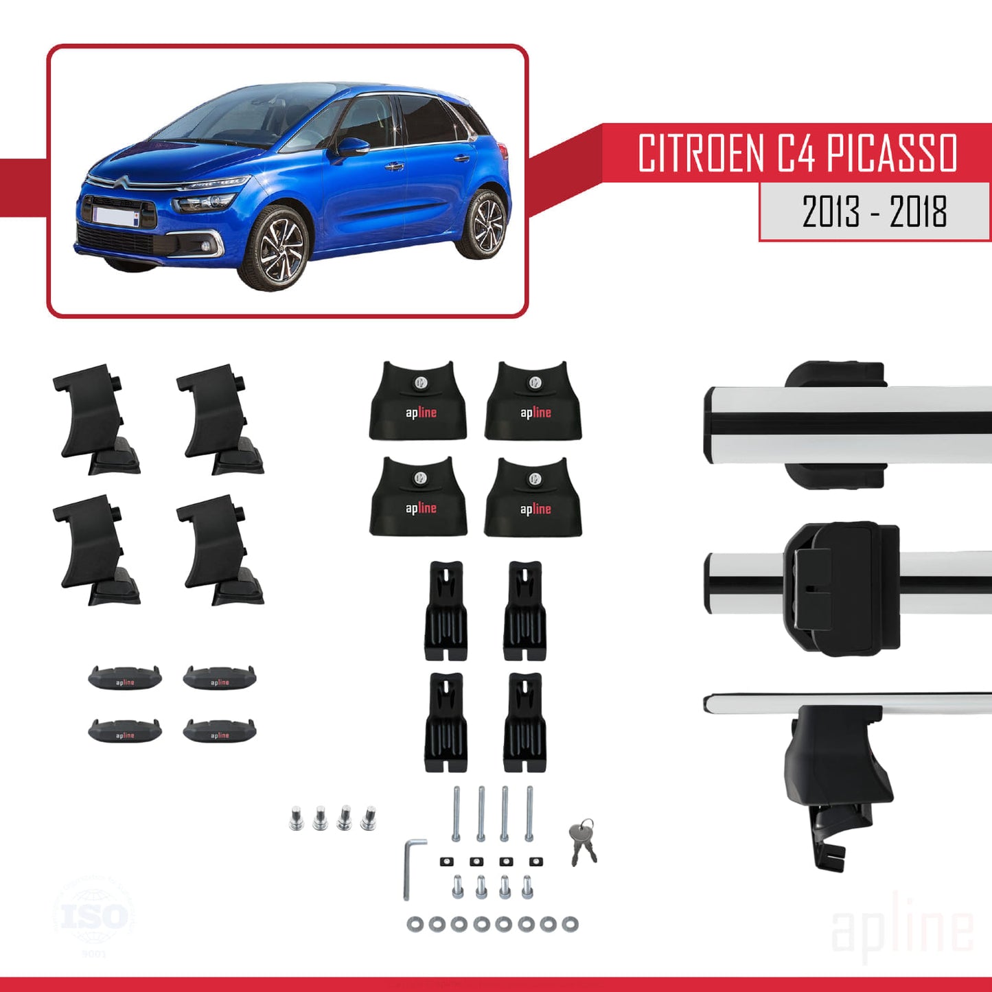 Kompatibel mit Citroen C4 Picasso 2 2013-2018 ACE-4 Dachgepäckträger, Reling, Gepäckträger, graues Aluminium, 2 Stangen