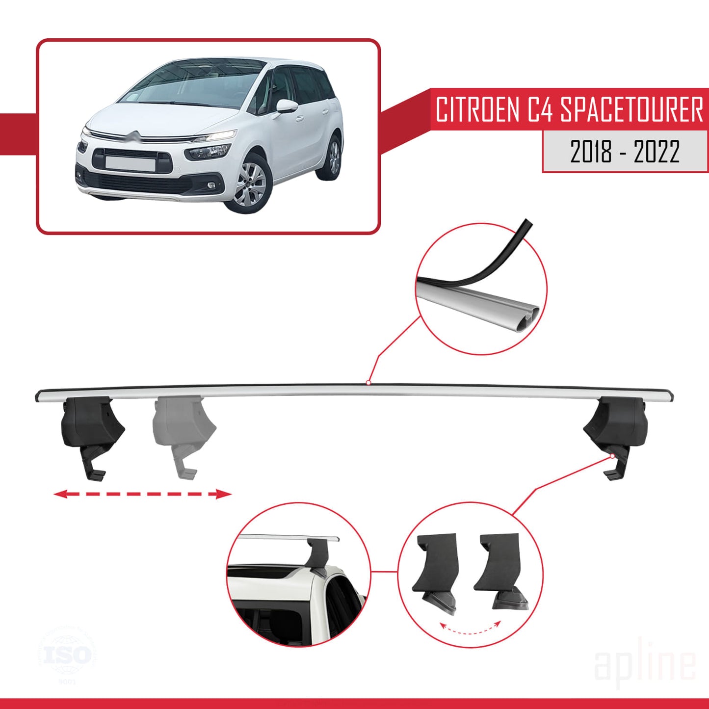 Kompatibel mit Citroen C4 Spacetourer 2018-2022 ACE-4 Dachgepäckträger, Reling, Gepäckträger, graues Aluminium, 2 Stangen