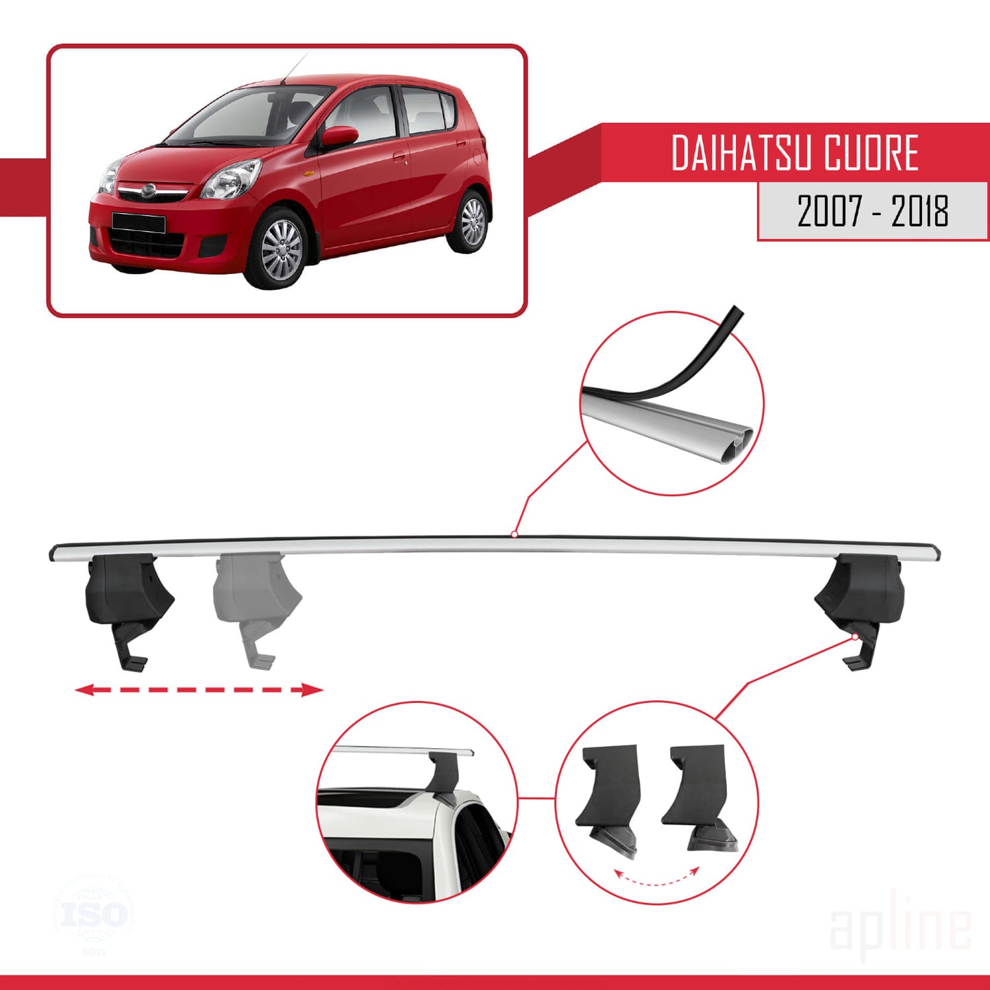 Kompatibel mit Daihatsu Cuore 2007-2018 ACE-4 Dachgepäckträger, Reling, Gepäckträger, graues Aluminium, 2 Stangen