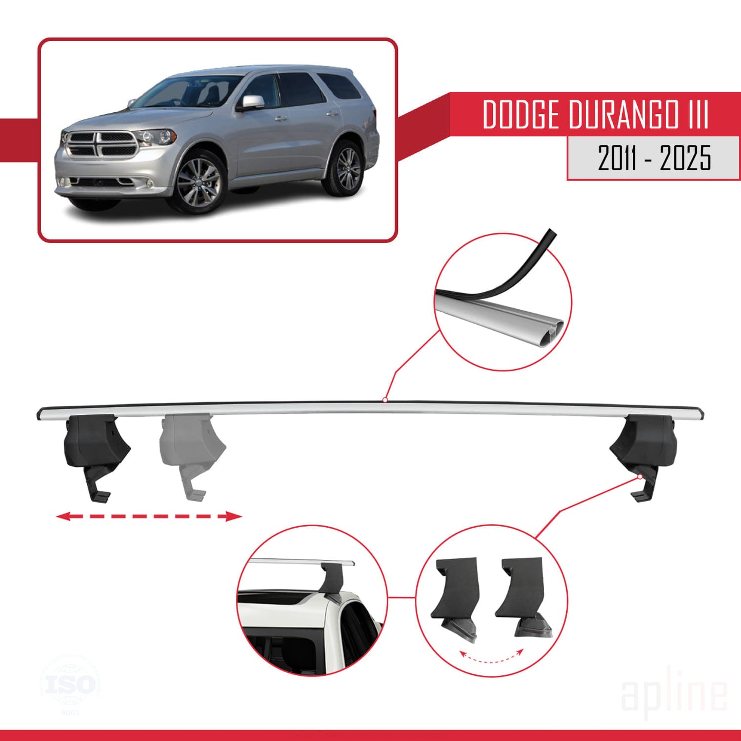 Kompatibel mit Dodge Durango 3 2011-2025 ACE-4 Dachreling Gepäckträger Graues Aluminium 2 Stangen