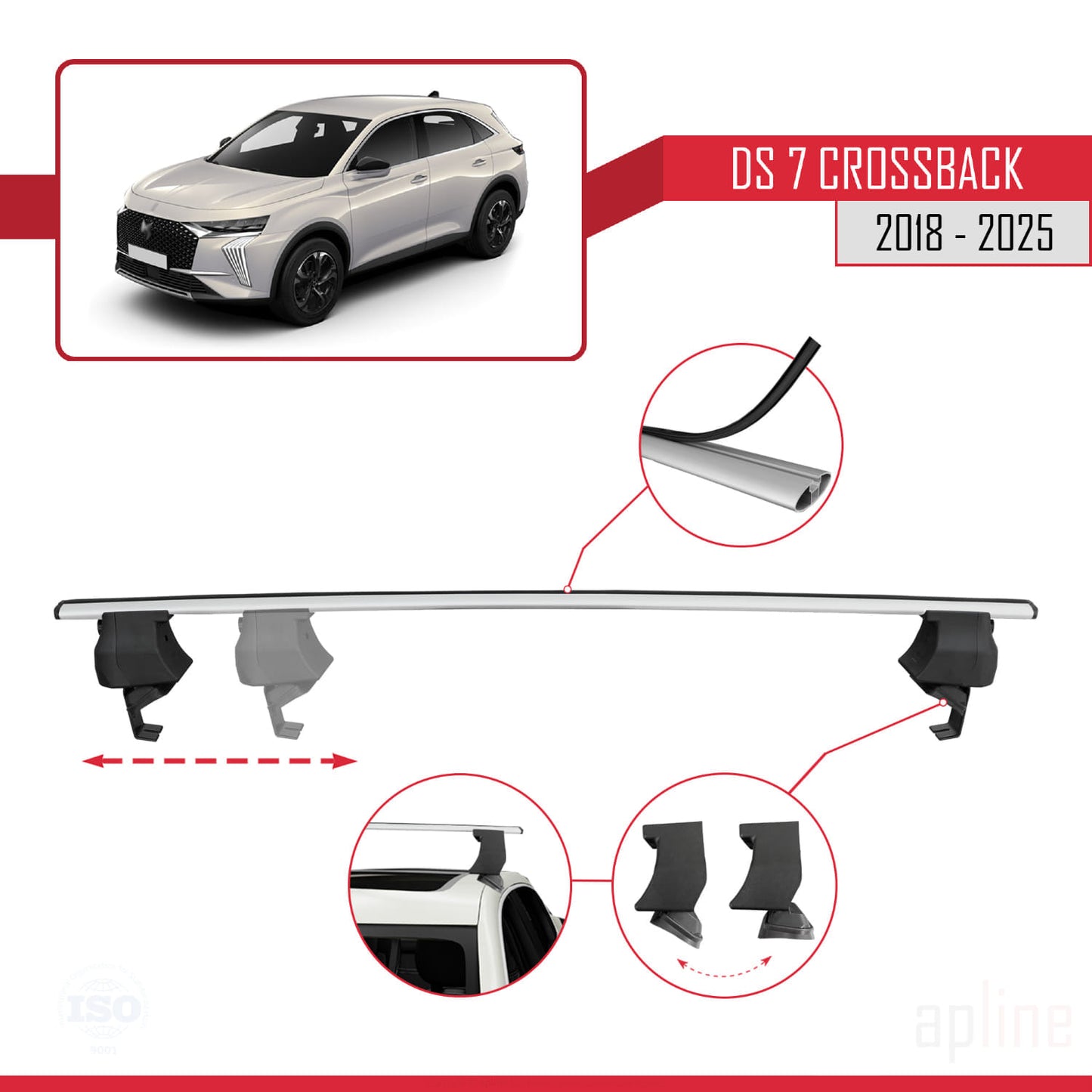 Kompatibel mit DS 7 Crossback 2018-2025 ACE-4 Dachgepäckträger, Reling, Gepäckträger, graues Aluminium, 2 Stangen