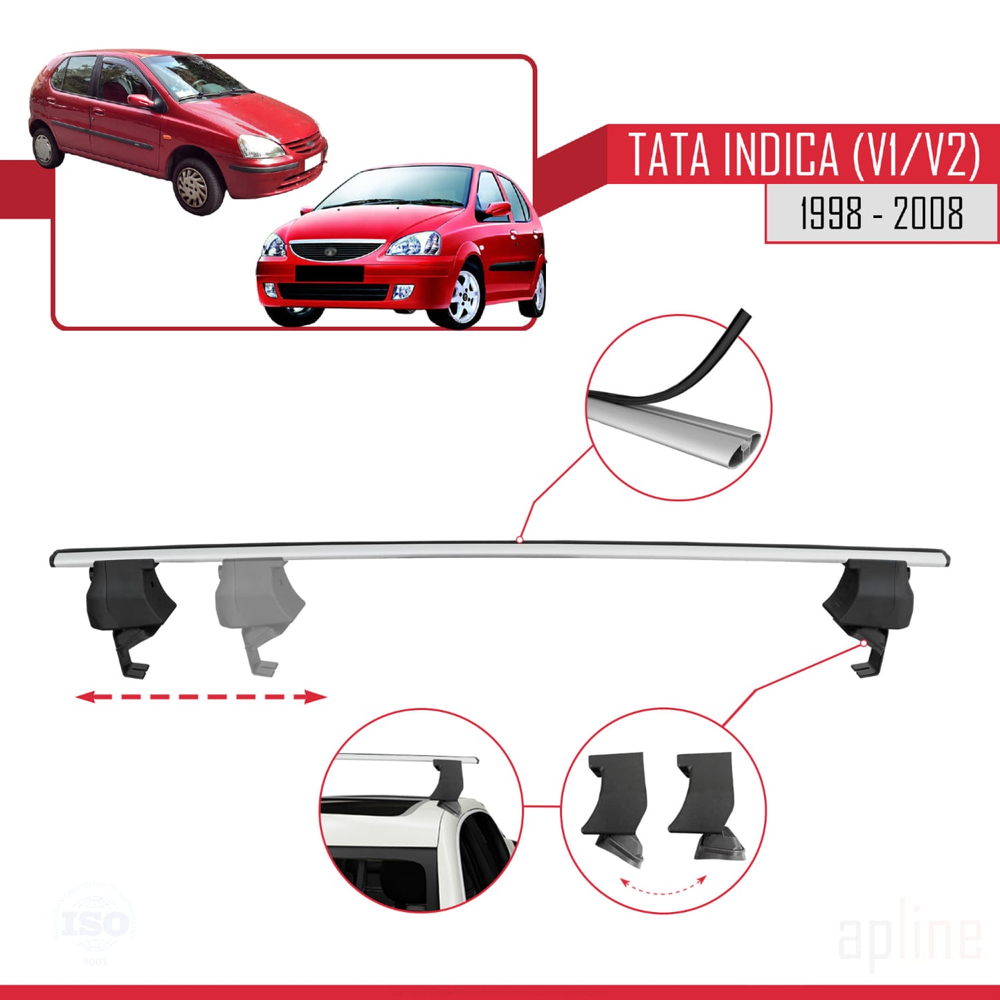 Compatibile con Tata Indica (V1/V2) 1998-2008 ACE-4 Barre Tetto Portapacchi Auto Barre Portatutto Grigo Alluminio 2 Barre