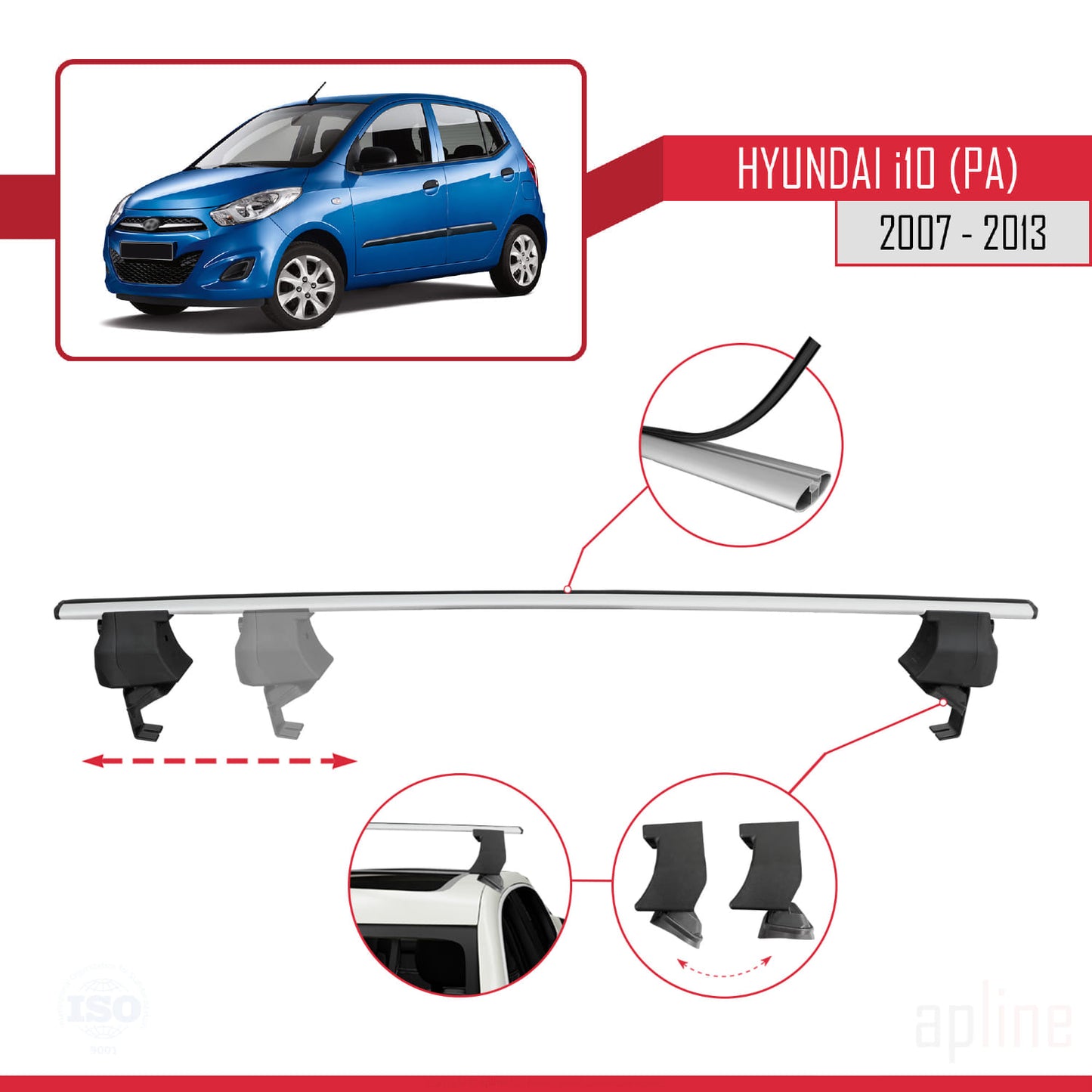 Compatibile con Hyundai i10 (PA) 2007-2013 ACE-4 Barre portatutto per auto Portapacchi in alluminio grigio 2 barre