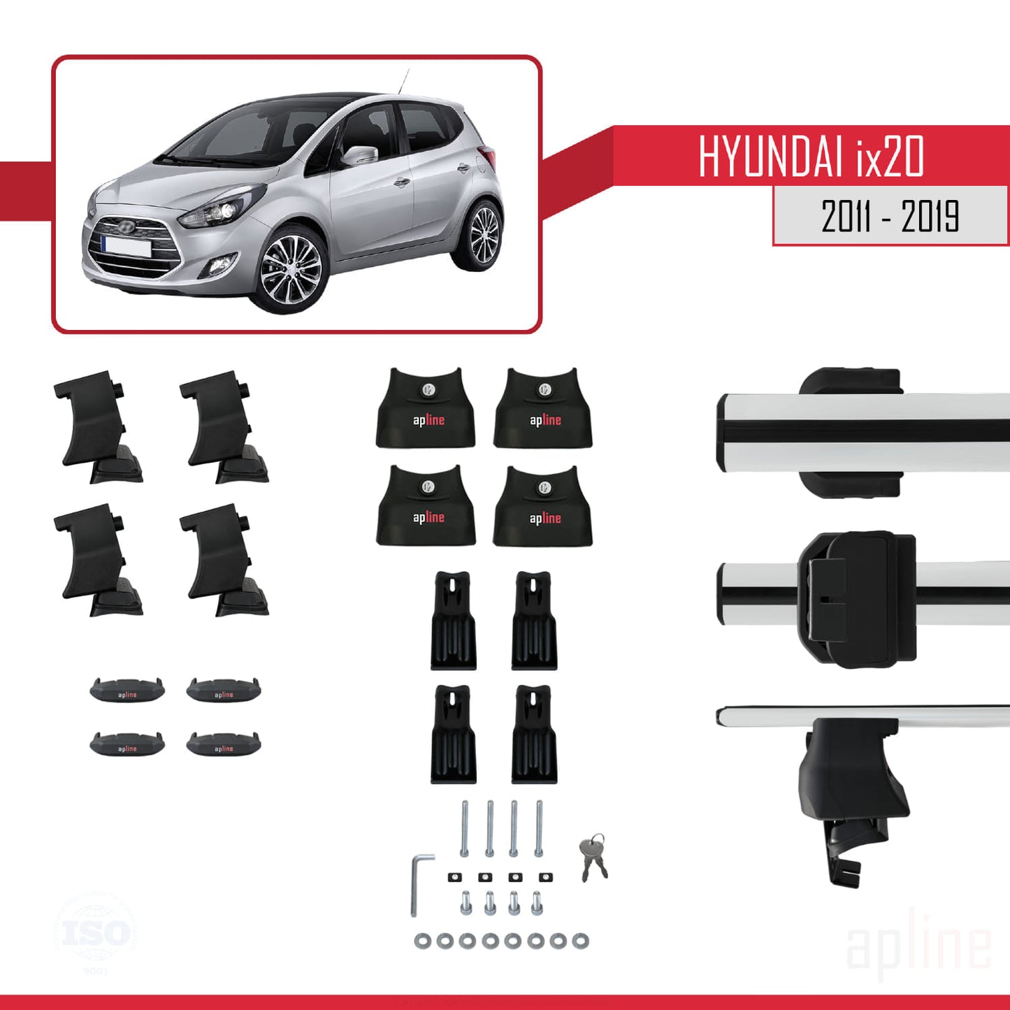 Compatibile con Hyundai ix20 (JC) 2011-2019 ACE-4 Barre portatutto per auto Portapacchi in alluminio grigio 2 barre
