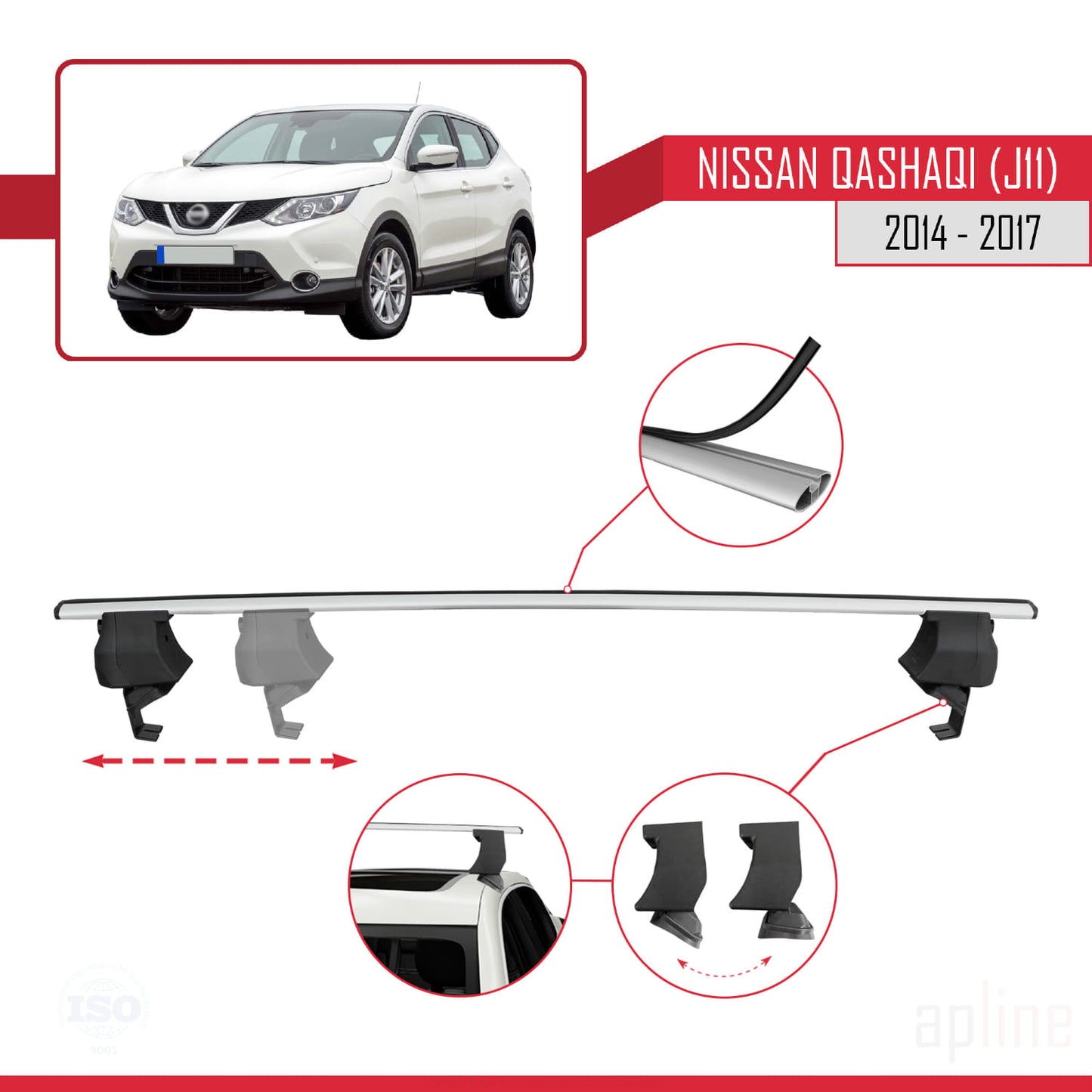 Compatible with Nissan Qashqai 2 (J11) Pre-Facelift 2014-2017 ACE-4 Car Roof Rack Cross Bar Grey Aluminium 2 Bars
