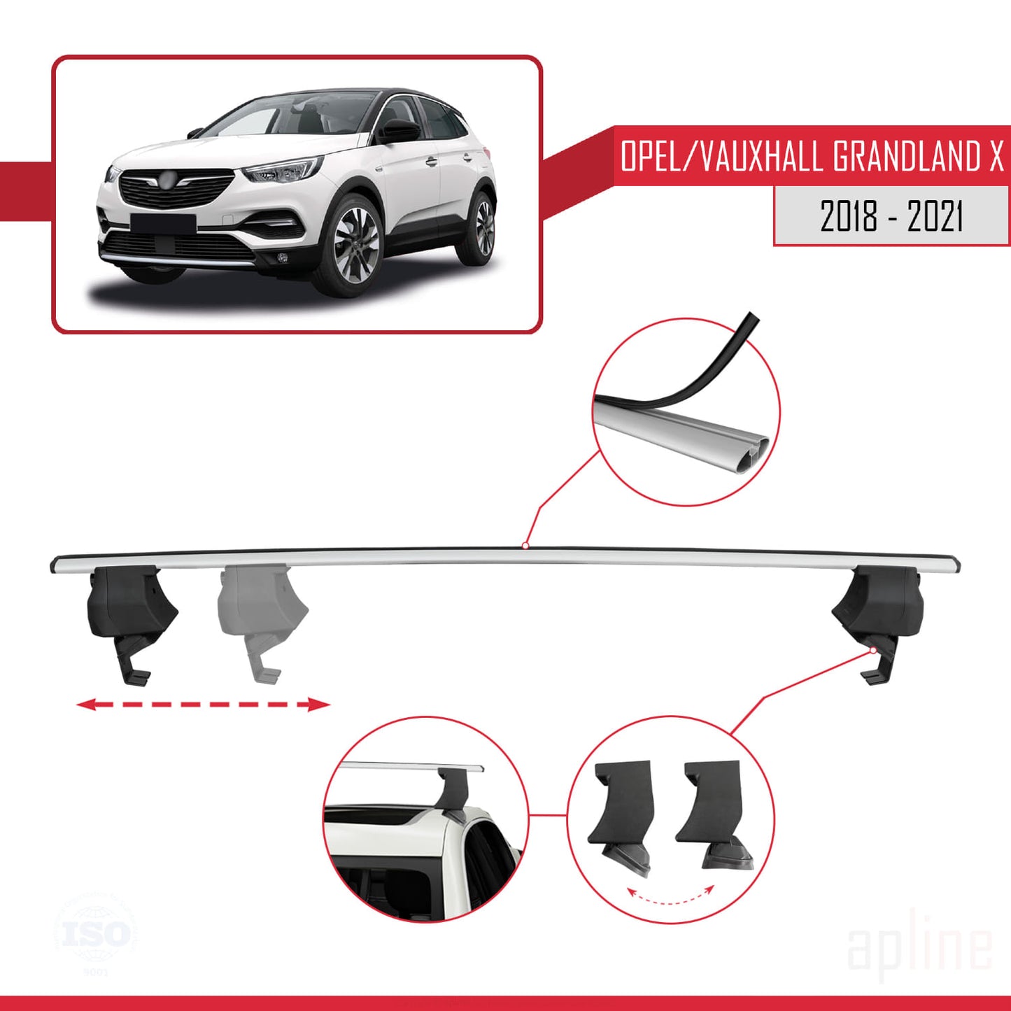 Compatible with Opel Grandland X 2018-2021 ACE-4 Car Roof Rack Cross Bar Grey Aluminium 2 Bars