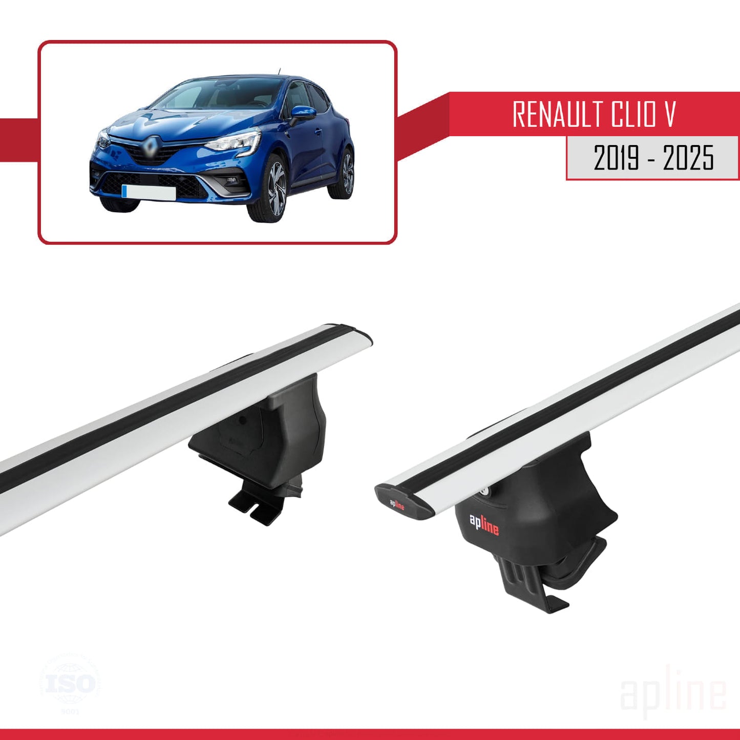 Compatible with Renault Clio 5 2019-2025 ACE-4 Car Roof Rack Cross Bar Grey Aluminium 2 Bars