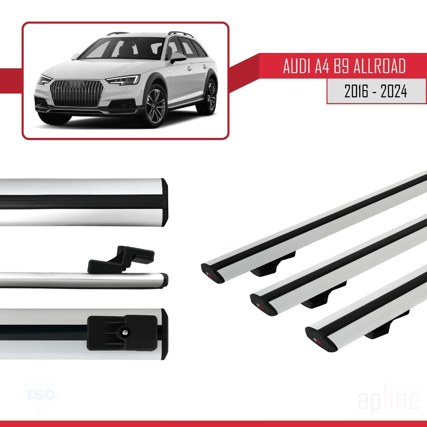 Compatibile con A4 (B9) Allroad 2016-2024 modello BASIC Barre portatutto per auto Portapacchi in alluminio grigio 3 barre