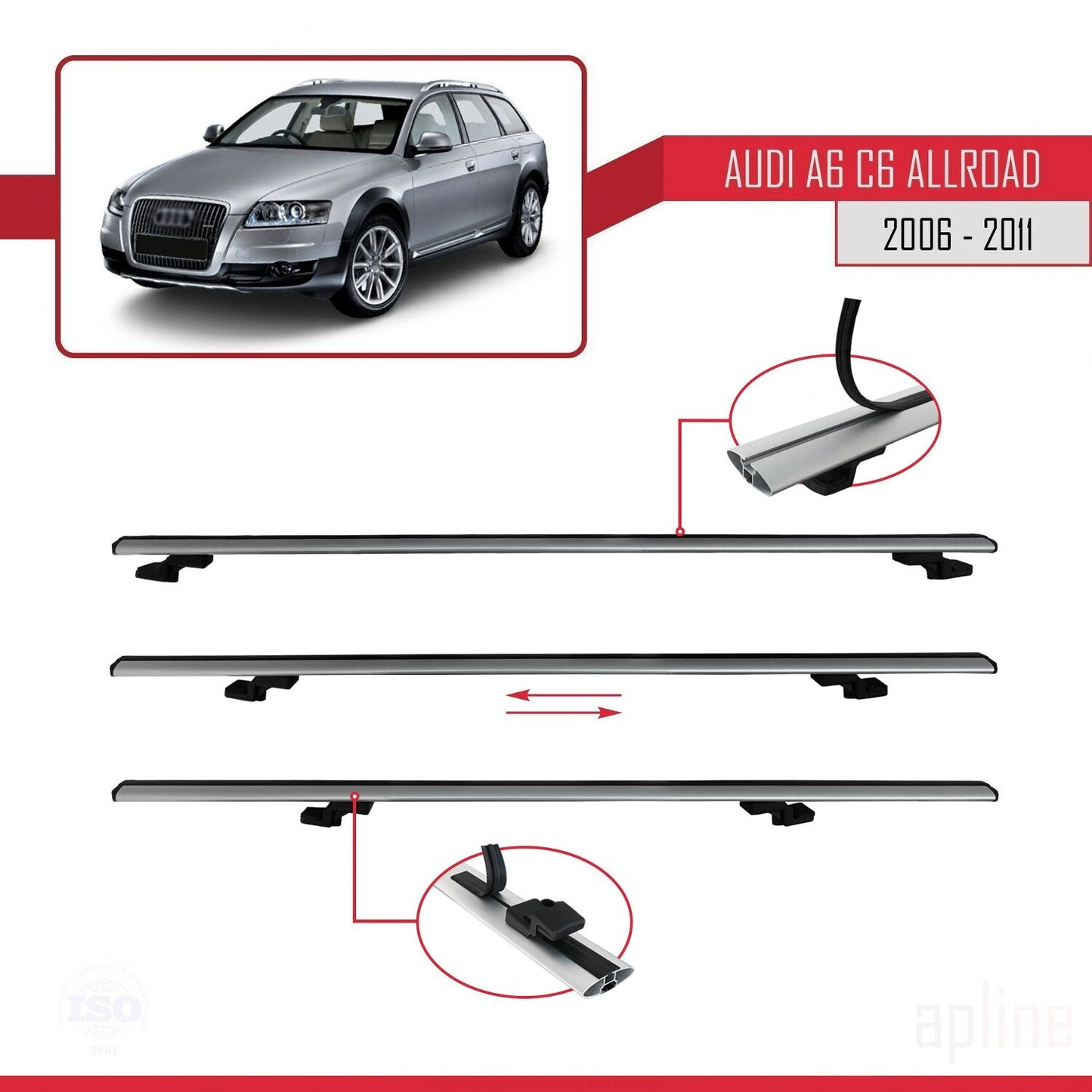 Compatibile con A6 (C6) Allroad 2006-2011 modello BASIC Barre portatutto per auto Portapacchi in alluminio grigio 3 barre