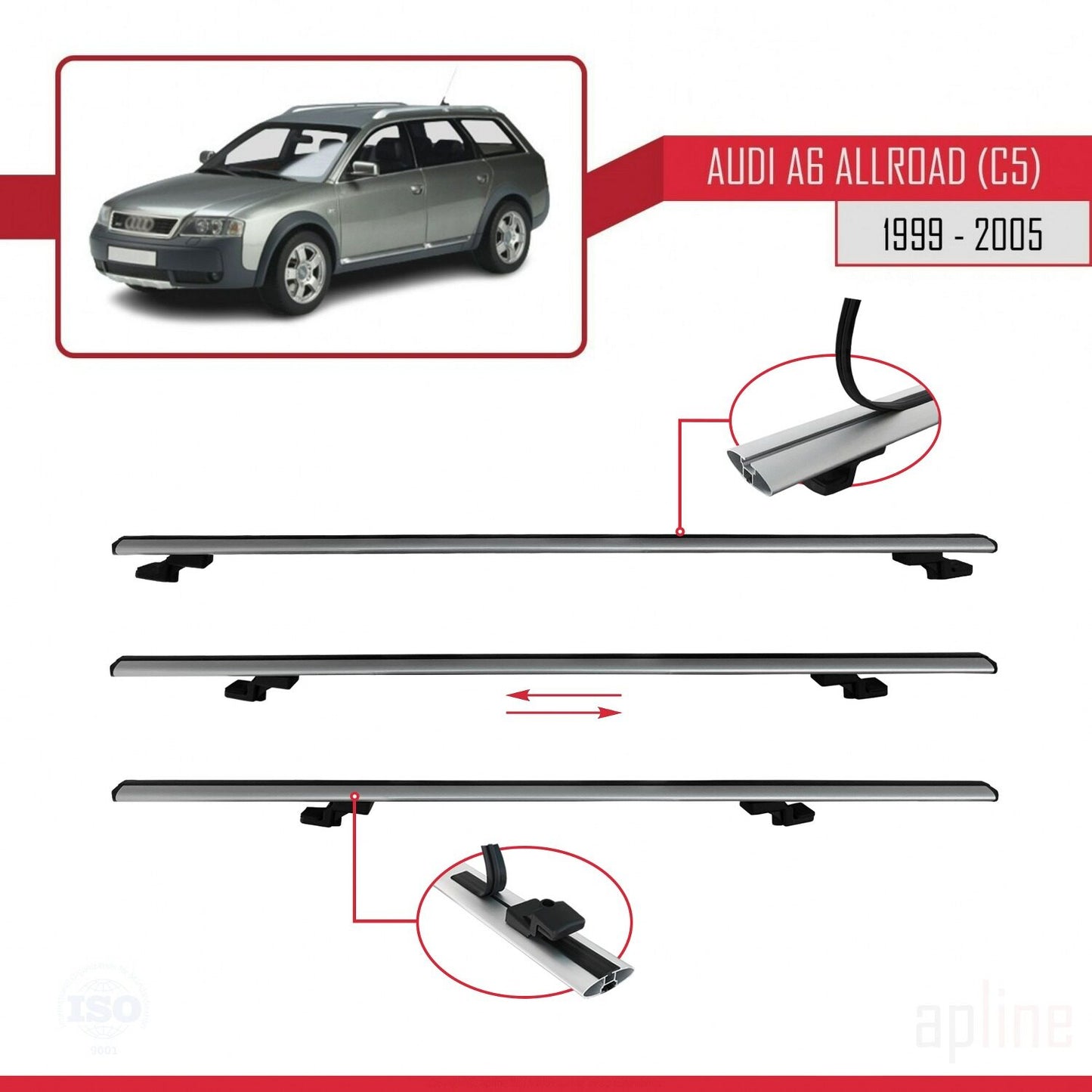 Compatibile con A6 (C5) Allroad 1999-2005 modello BASIC Barre portatutto per auto Portapacchi in alluminio grigio 3 barre