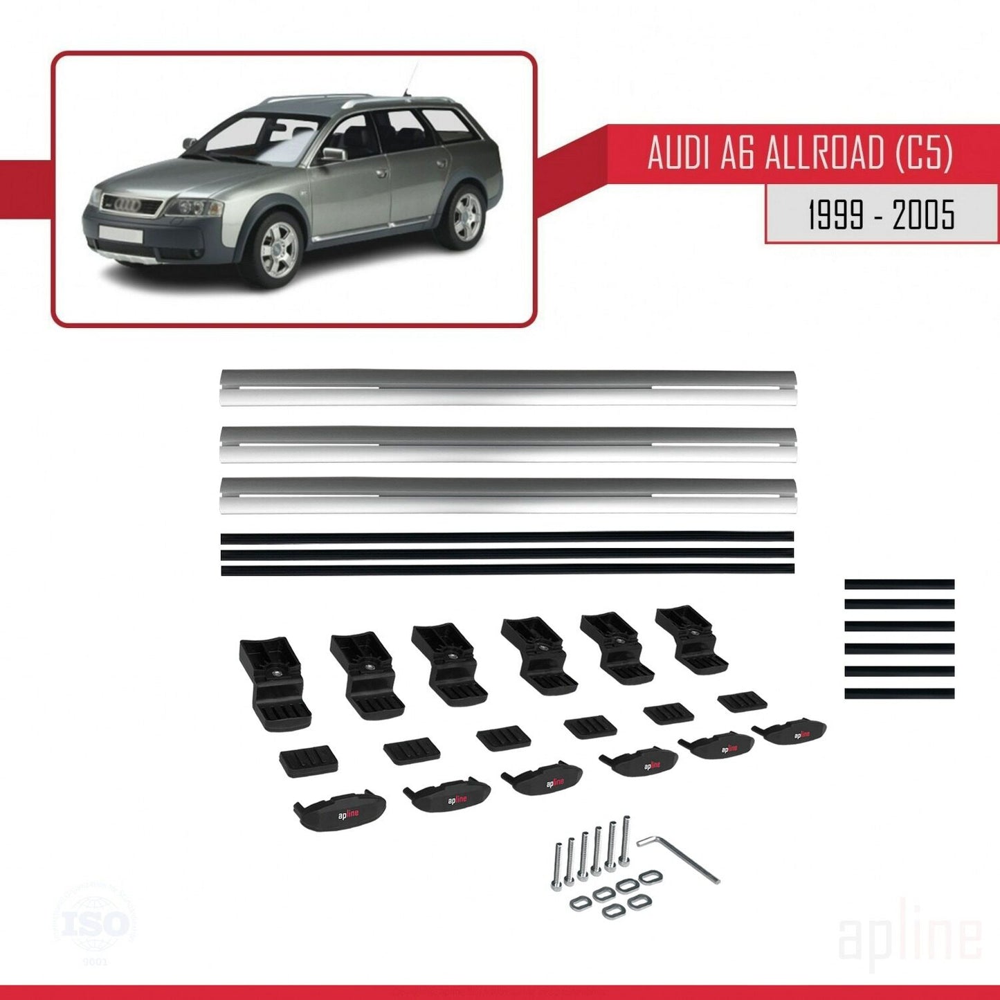 Compatibile con A6 (C5) Allroad 1999-2005 modello BASIC Barre portatutto per auto Portapacchi in alluminio grigio 3 barre