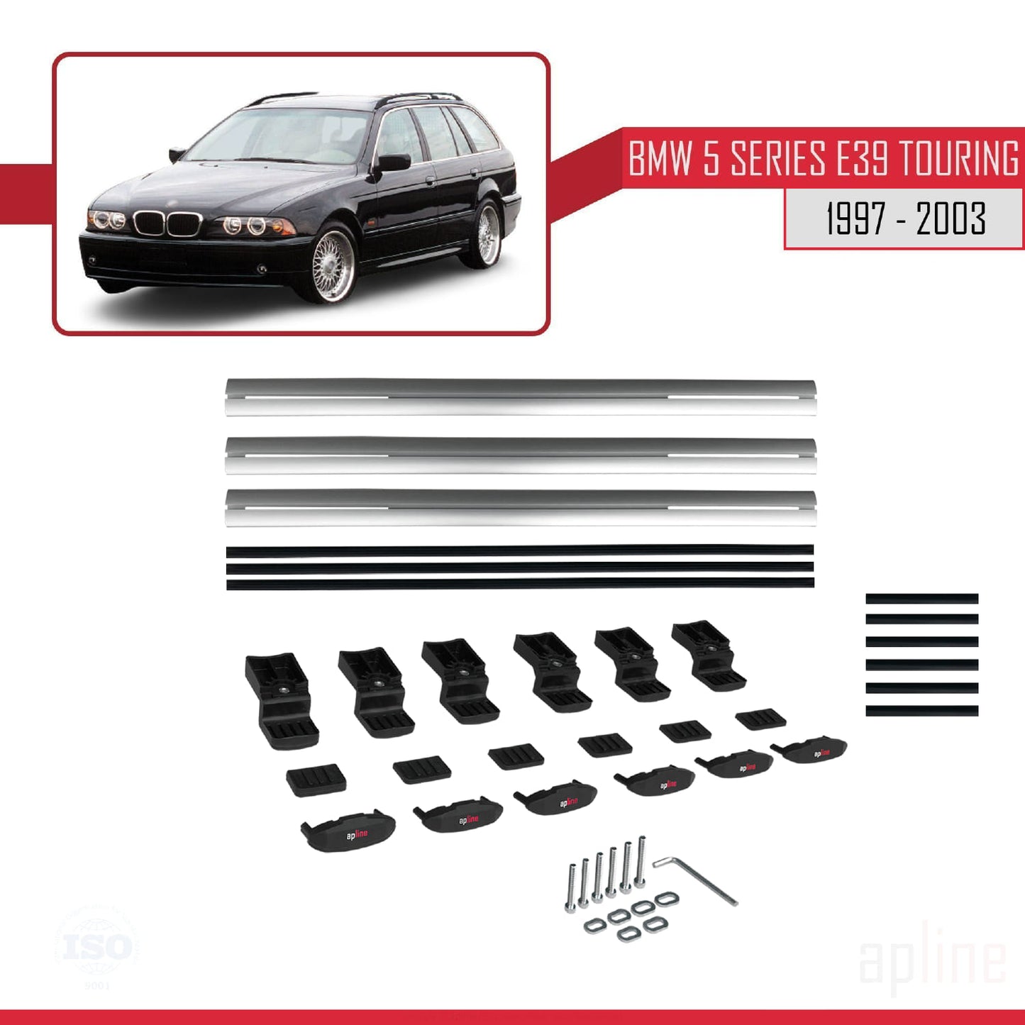 Compatibile con BMW Serie 5 (E39) Touring 1997-2003 Modello BASIC Barre portatutto per auto Portapacchi in alluminio grigio 3 barre