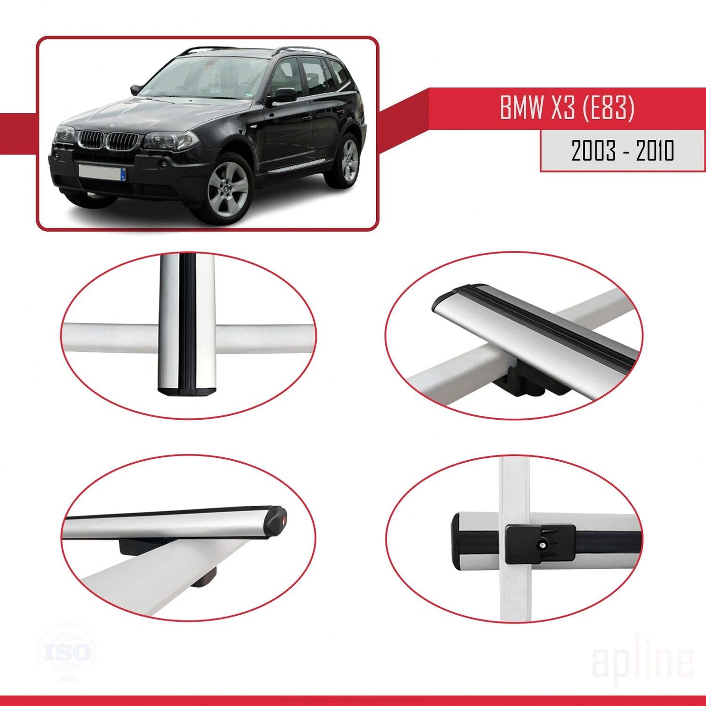 Compatible avec BMW X3 (E83) 2003-2010 BASIC Model Barres de Toit Railing Porte-Bagages de Voiture Gris Aluminium 2 Barres