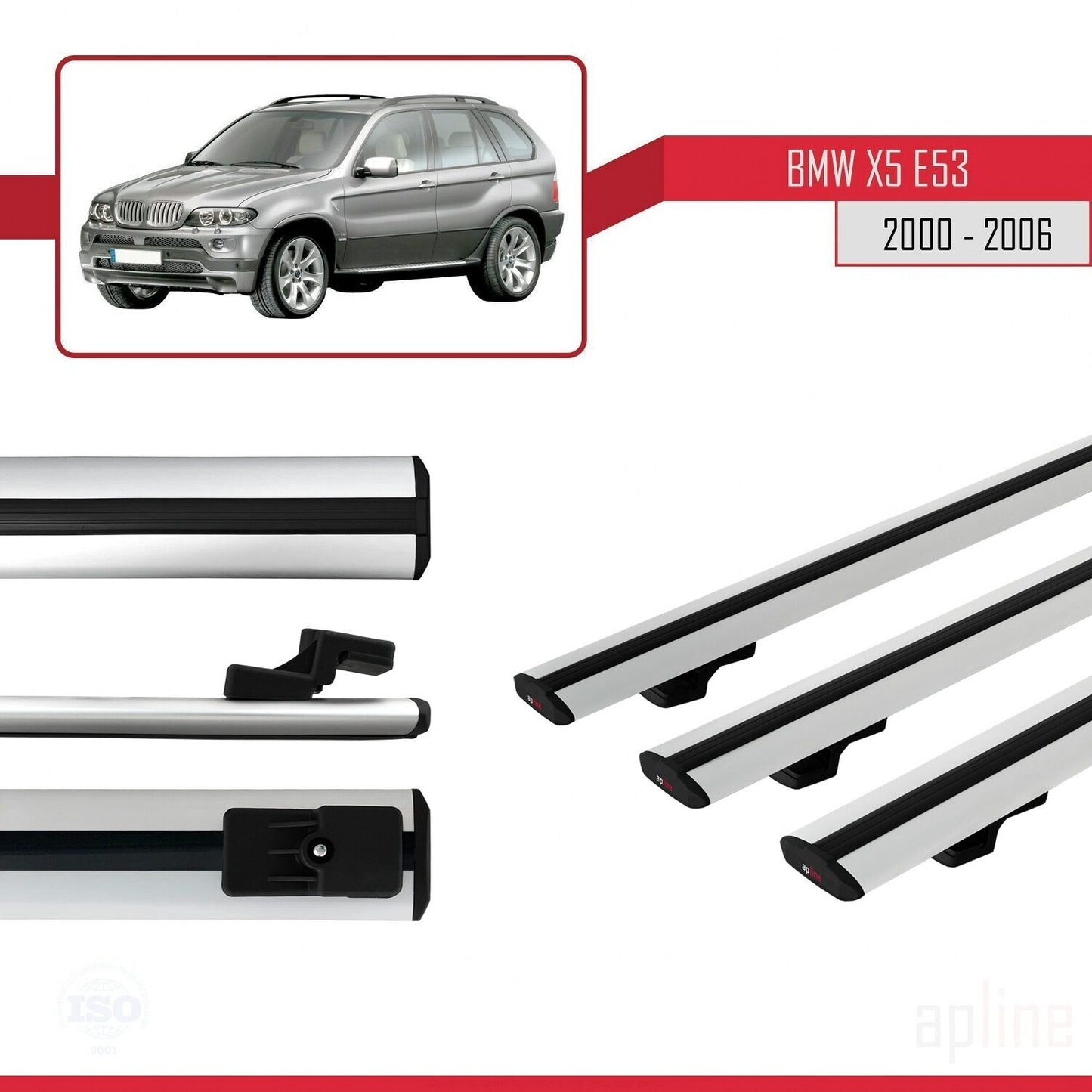 Compatibile con BMW X5 (E53) 2000-2006 modello BASIC Barre portatutto per auto Portapacchi in alluminio grigio 3 barre