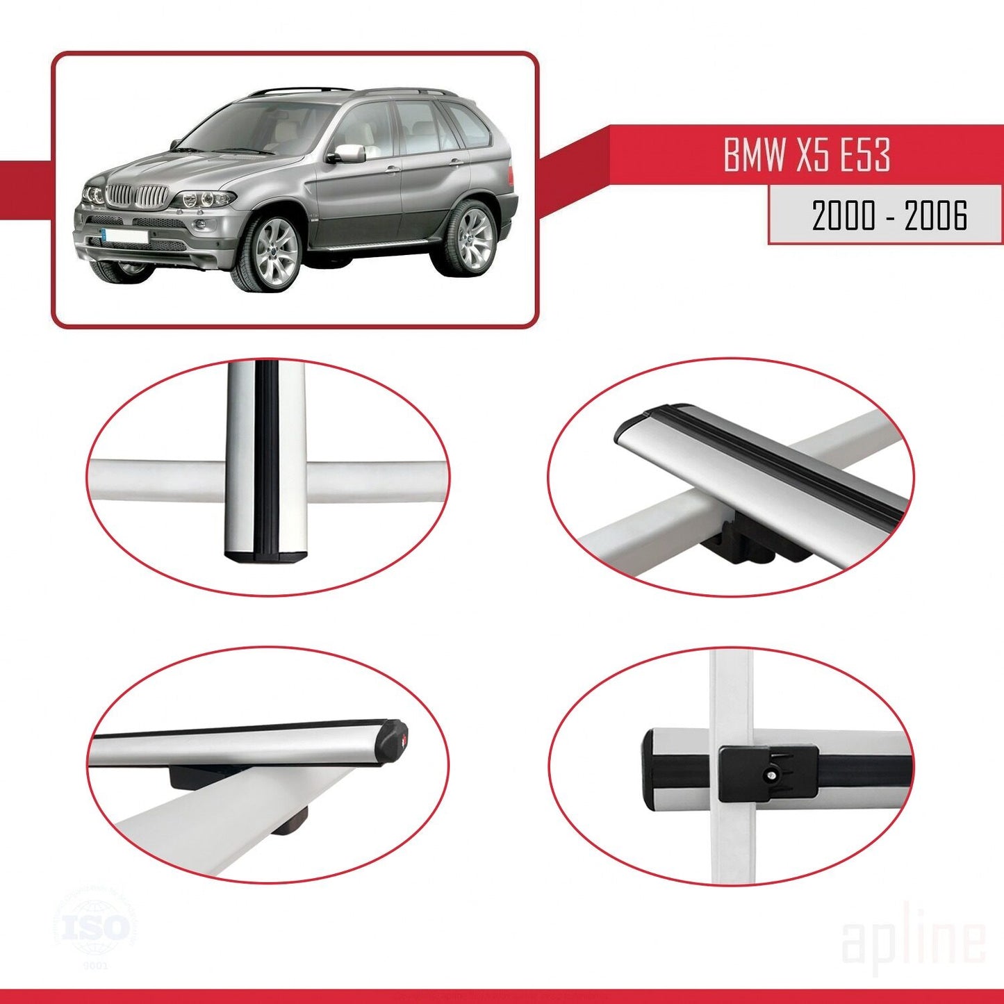 Compatibile con BMW X5 (E53) 2000-2006 modello BASIC Barre portatutto per auto Portapacchi in alluminio grigio 3 barre