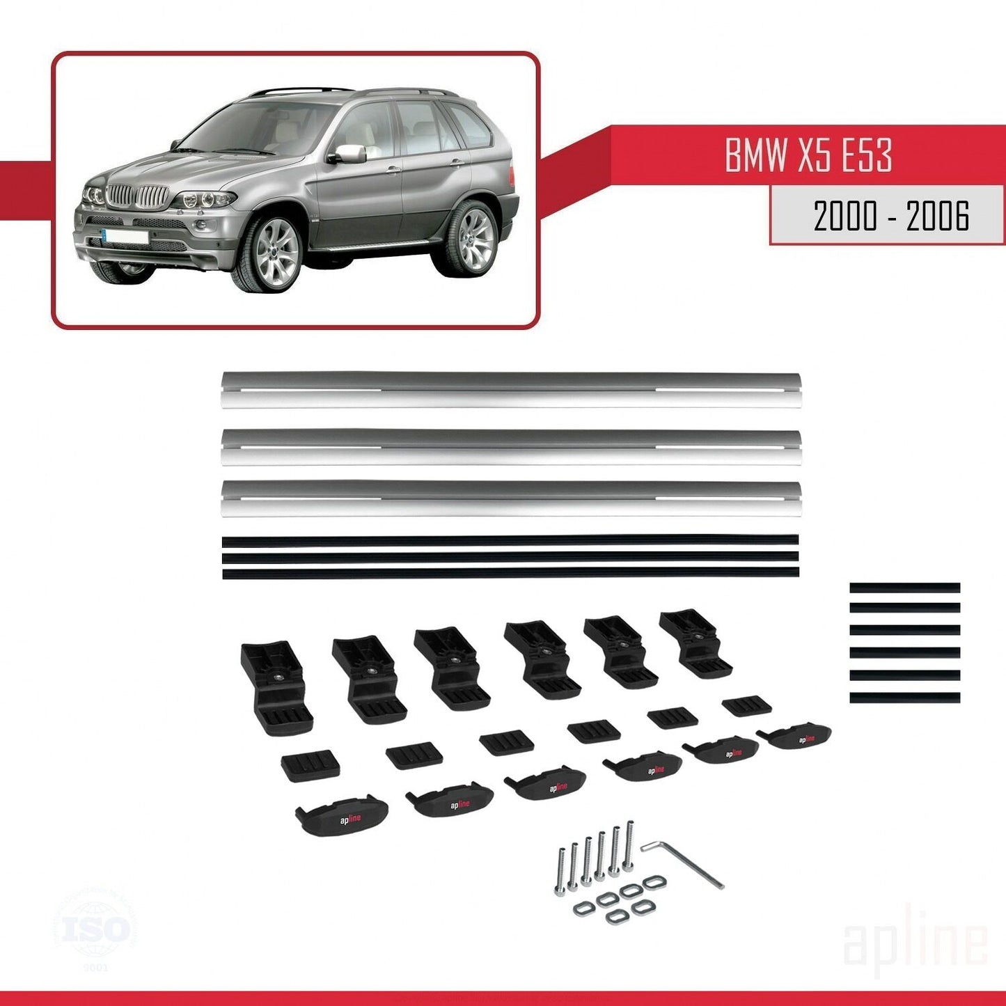 Compatibile con BMW X5 (E53) 2000-2006 modello BASIC Barre portatutto per auto Portapacchi in alluminio grigio 3 barre