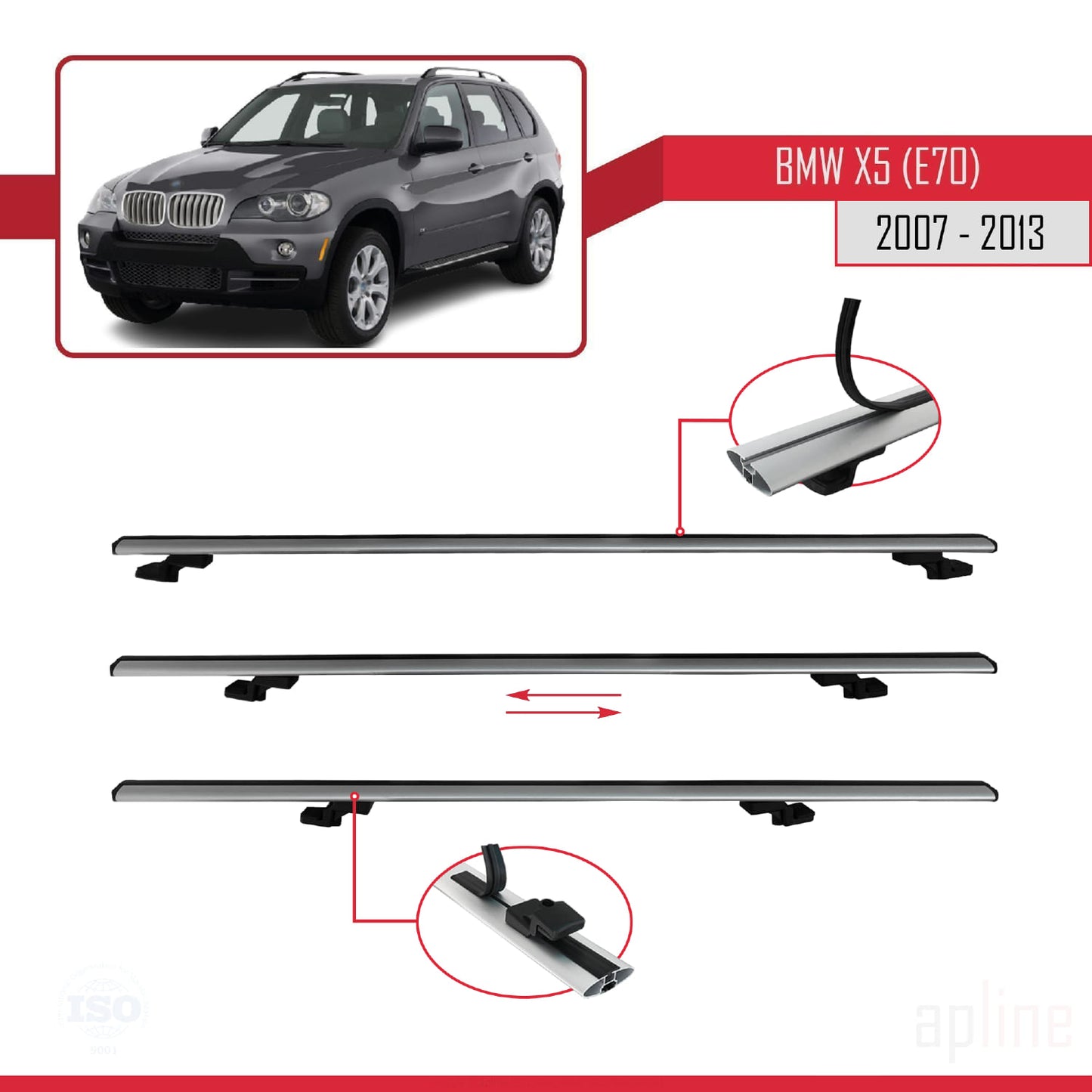 Compatibile con BMW X5 (E70) modello BASIC 2007-2013 Barre portatutto per auto Portapacchi in alluminio grigio 3 barre