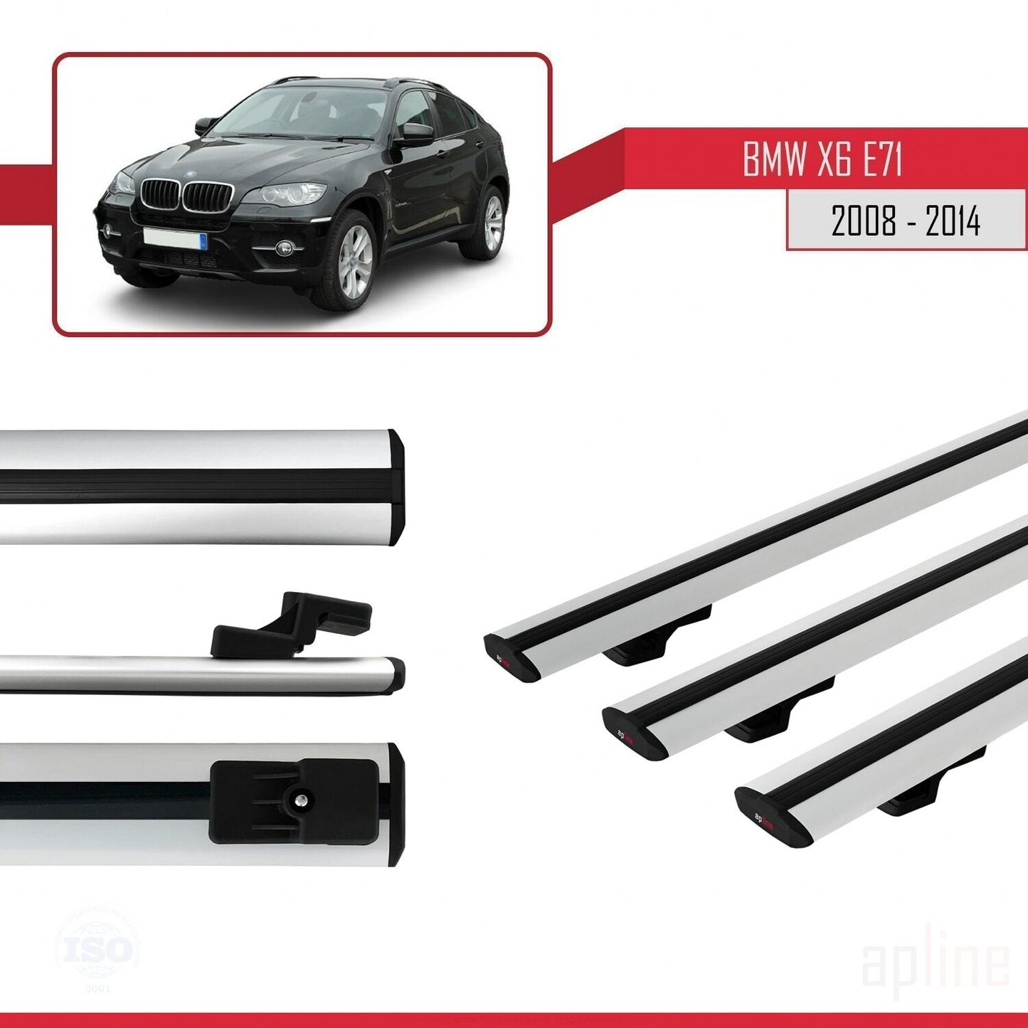 Compatibile con BMW X6 (E71) modello BASIC 2008-2014 Barre portatutto per auto Portapacchi in alluminio grigio 3 barre