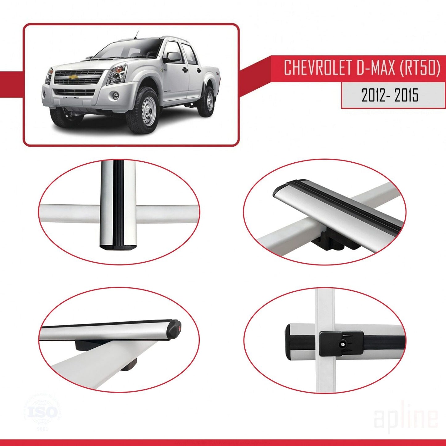 Compatibile con Chevrolet D-Max (RT50) modello BASIC 2012-2015 Barre portatutto per auto Portapacchi in alluminio grigio 3 barre
