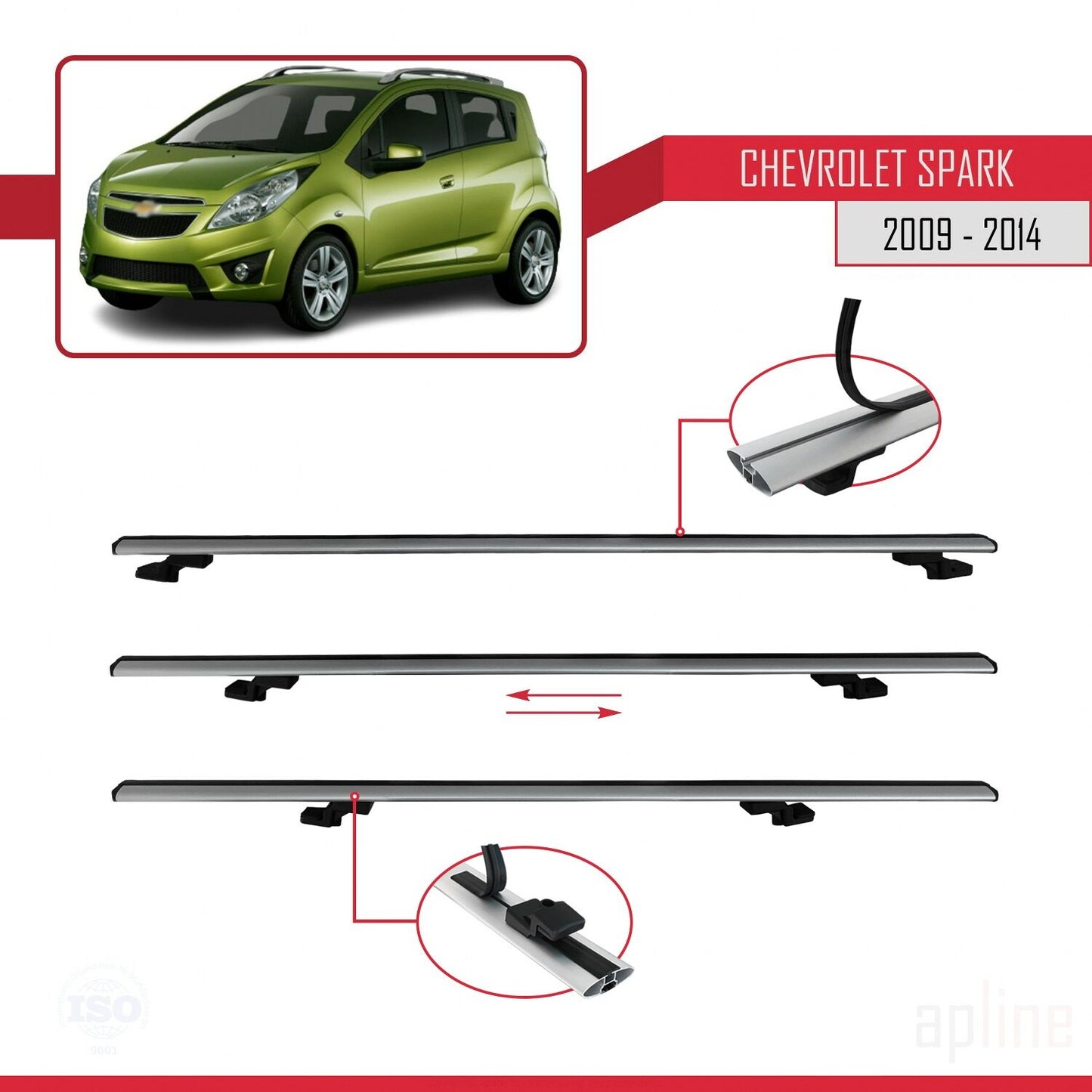 Compatibile con Chevrolet Spark (M300) modello BASIC 2009-2014 Portapacchi per auto in alluminio grigio 3 barre