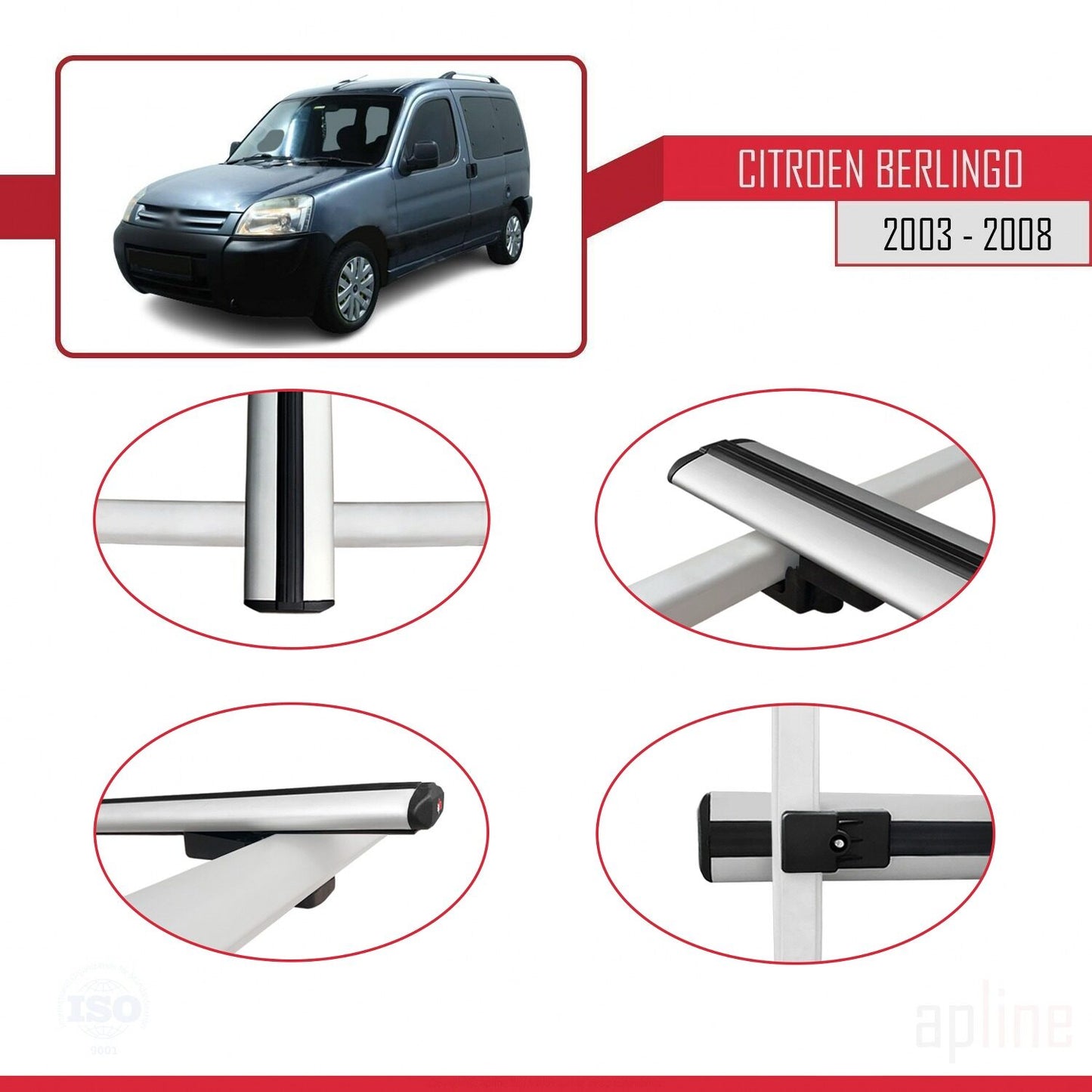 Compatible with Citroen Berlingo (M59) 2003-2008 BASIC Model Car Roof Rack Cross Bar Grey Aluminium 3 Bars