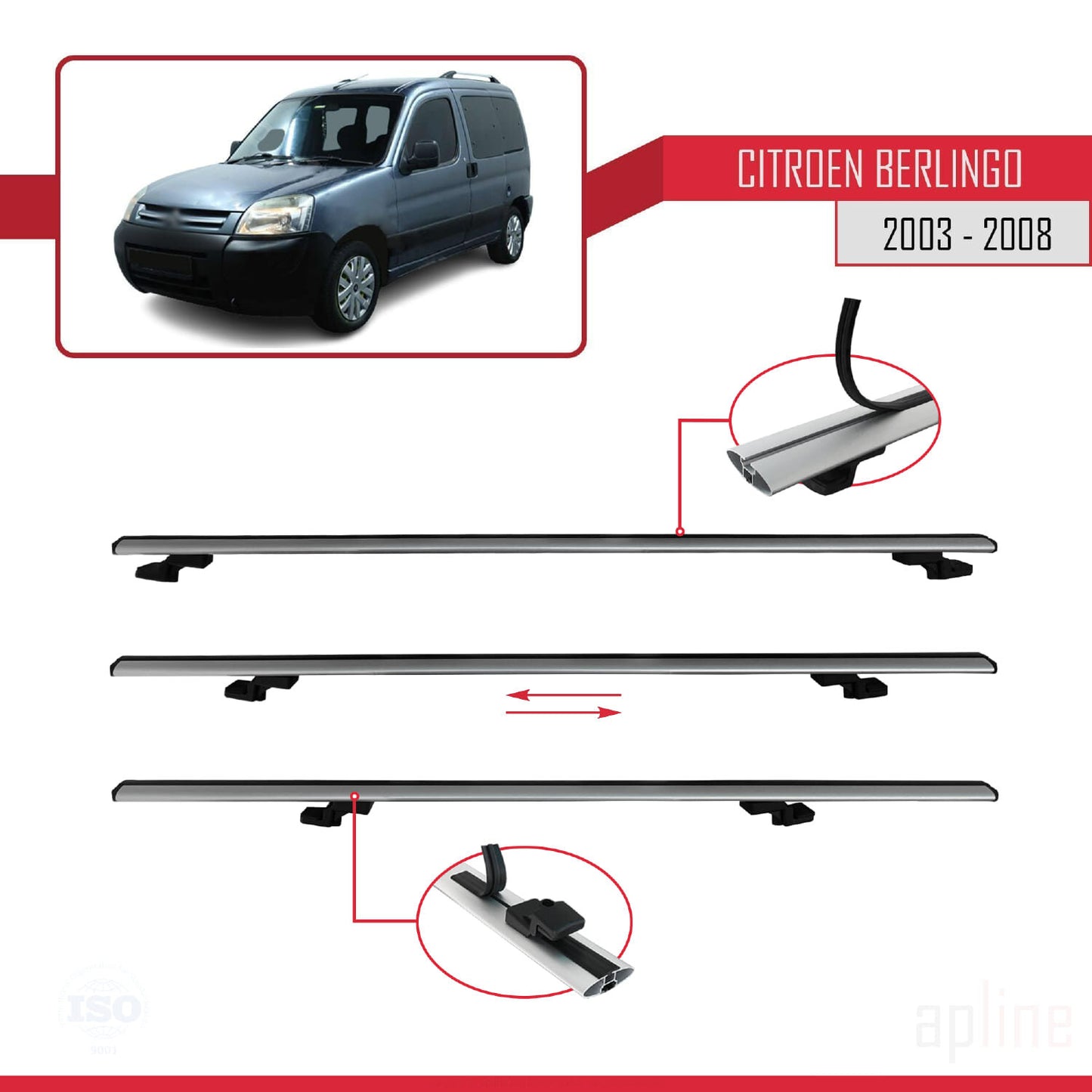 Compatibile con Citroen Berlingo (M59) 2003-2008 modello BASIC Barre portatutto per auto Portapacchi in alluminio grigio 4 barre