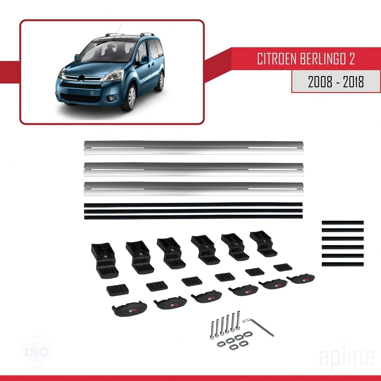 Compatibile con Citroen Berlingo 2 (B9) 2008-2018 modello BASIC Barre portatutto per auto Portapacchi in alluminio grigio 3 barre