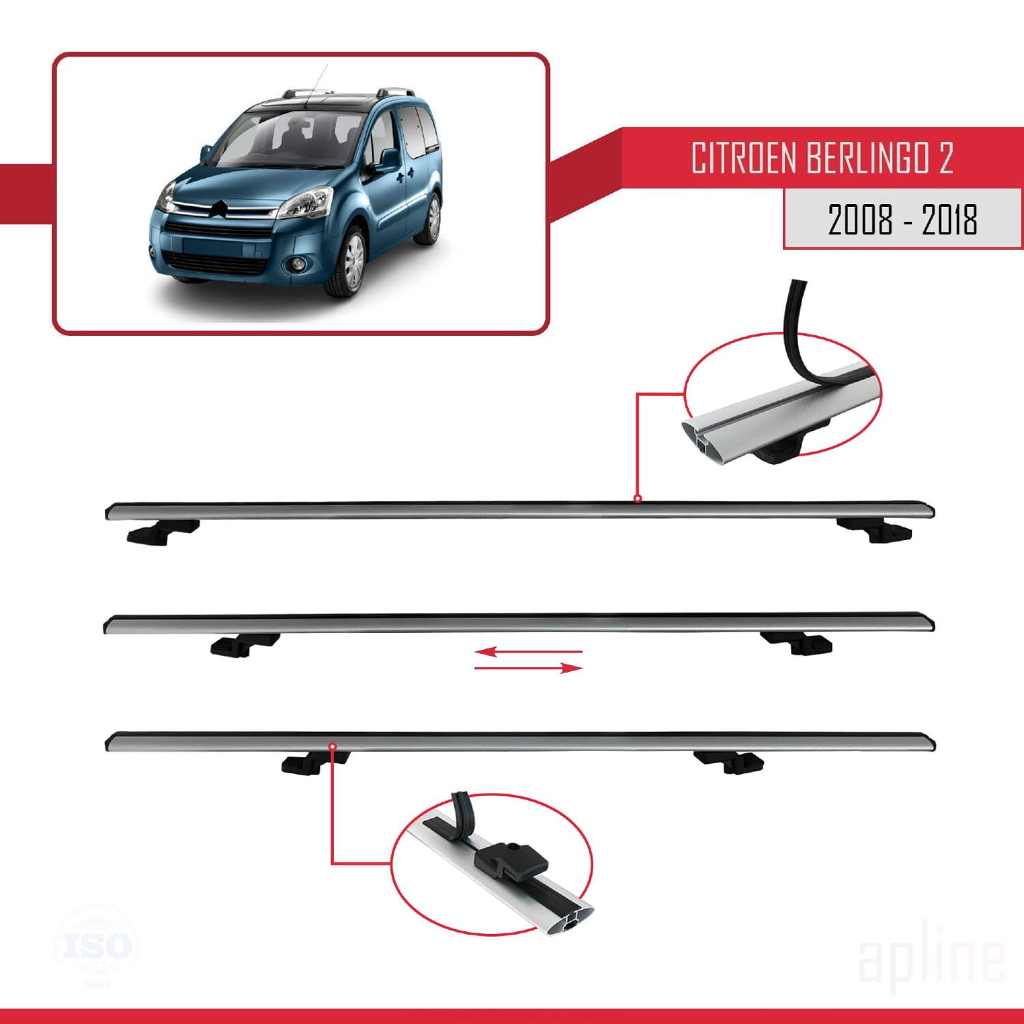 Compatibile con Citroen Berlingo 2 (B9) 2008-2018 modello BASIC Barre portatutto per auto Portapacchi in alluminio grigio 4 barre