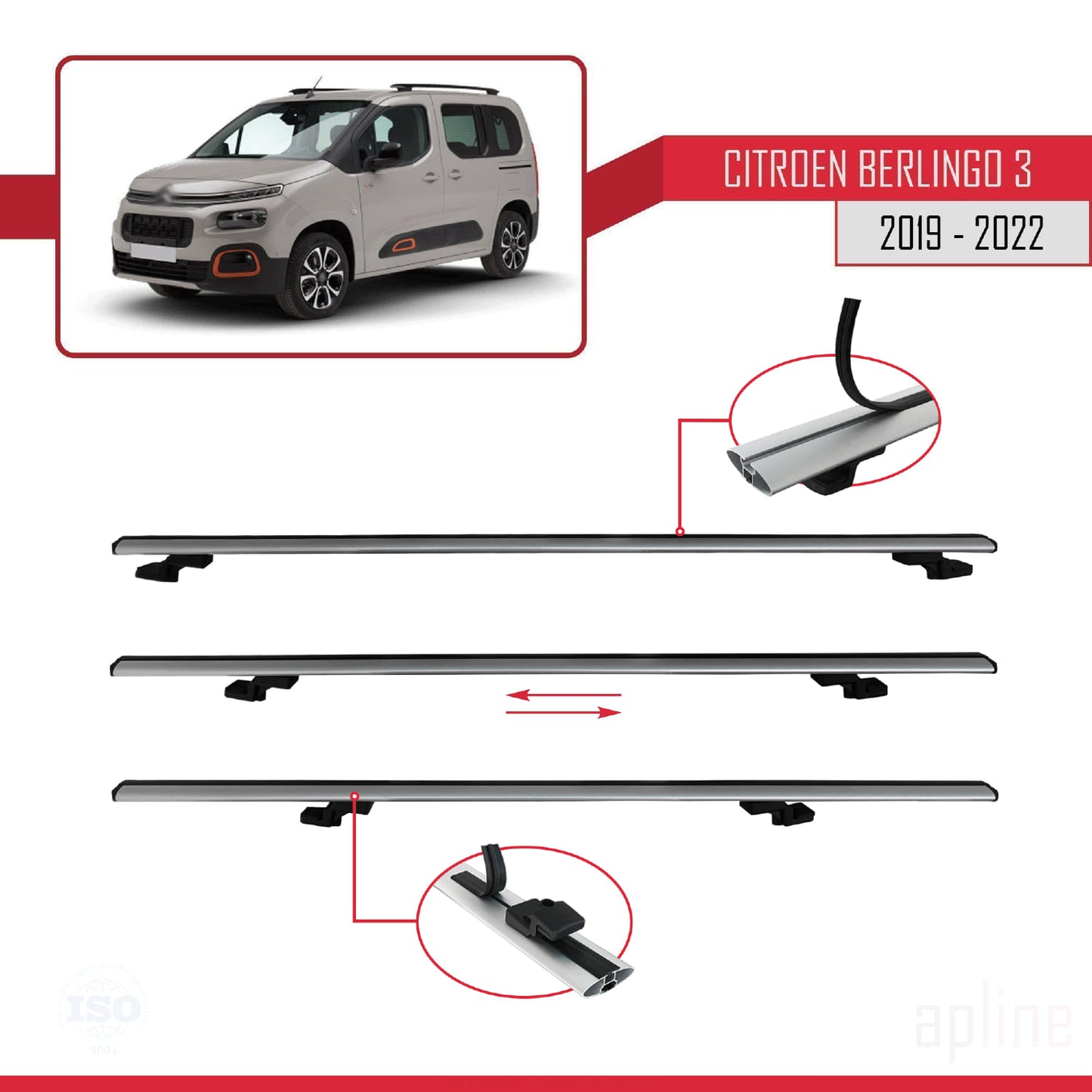Compatibile con Citroen Berlingo 3 (K9) 2019-2022 modello BASIC Barre portatutto per auto Portapacchi in alluminio grigio 3 barre