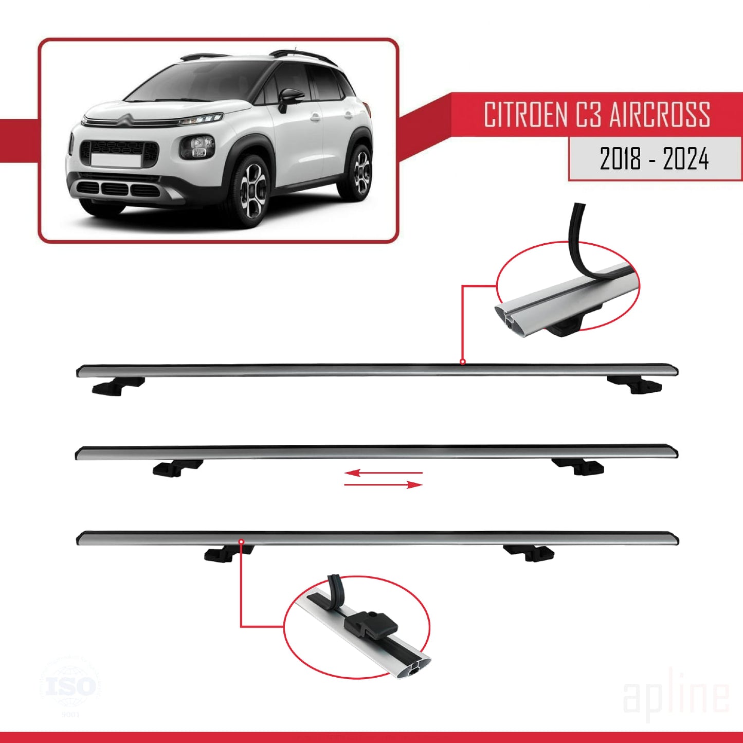 Compatibile con Citroen C3 Aircross (A88) 2018-2024 modello BASIC Barre portatutto per auto Portapacchi in alluminio grigio 3 barre