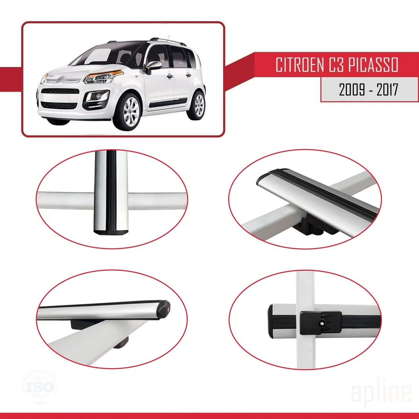 Compatibile con Citroen C3 Picasso 2009-2017 modello BASIC Barre portatutto per auto Portapacchi in alluminio grigio 3 barre