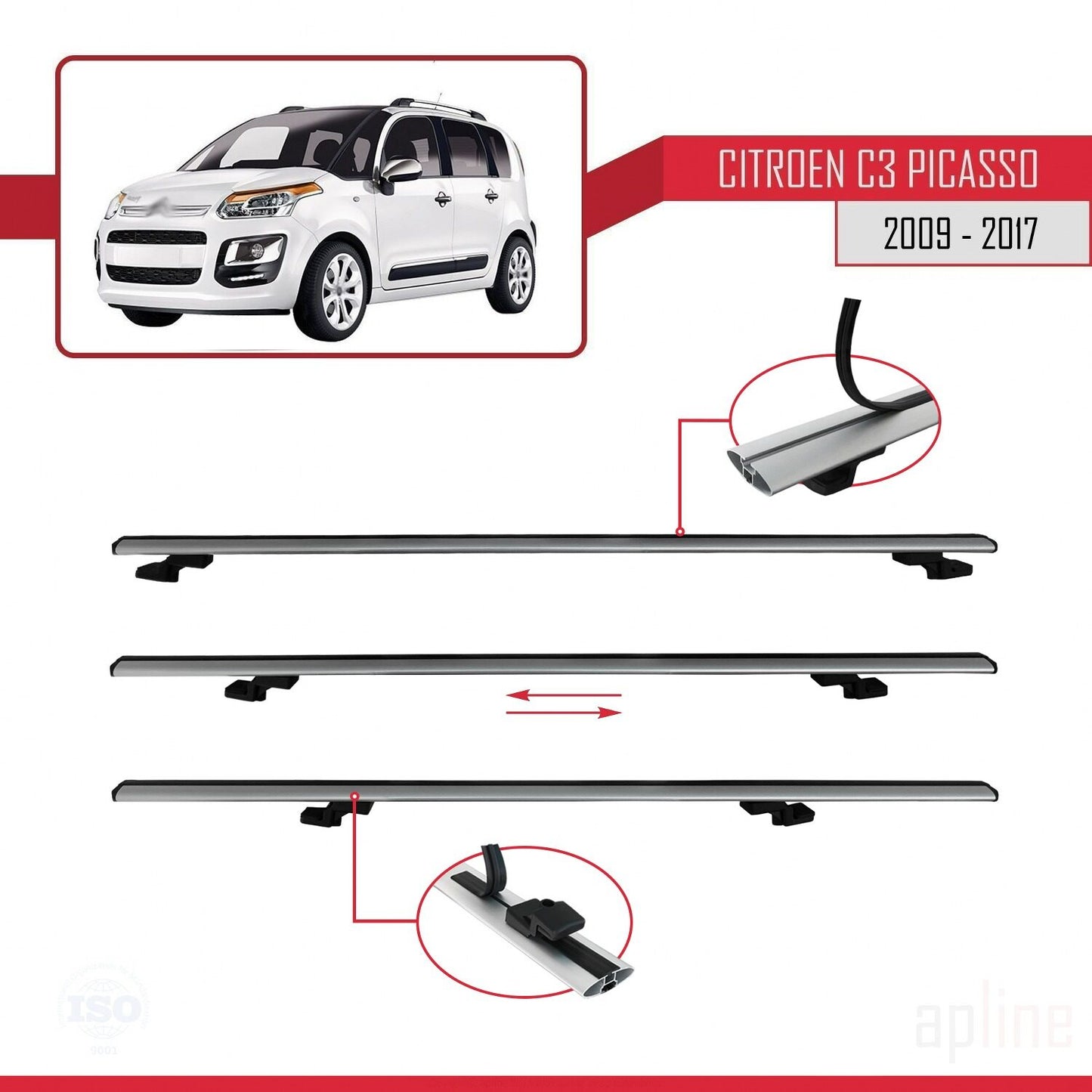 Compatibile con Citroen C3 Picasso 2009-2017 modello BASIC Barre portatutto per auto Portapacchi in alluminio grigio 3 barre